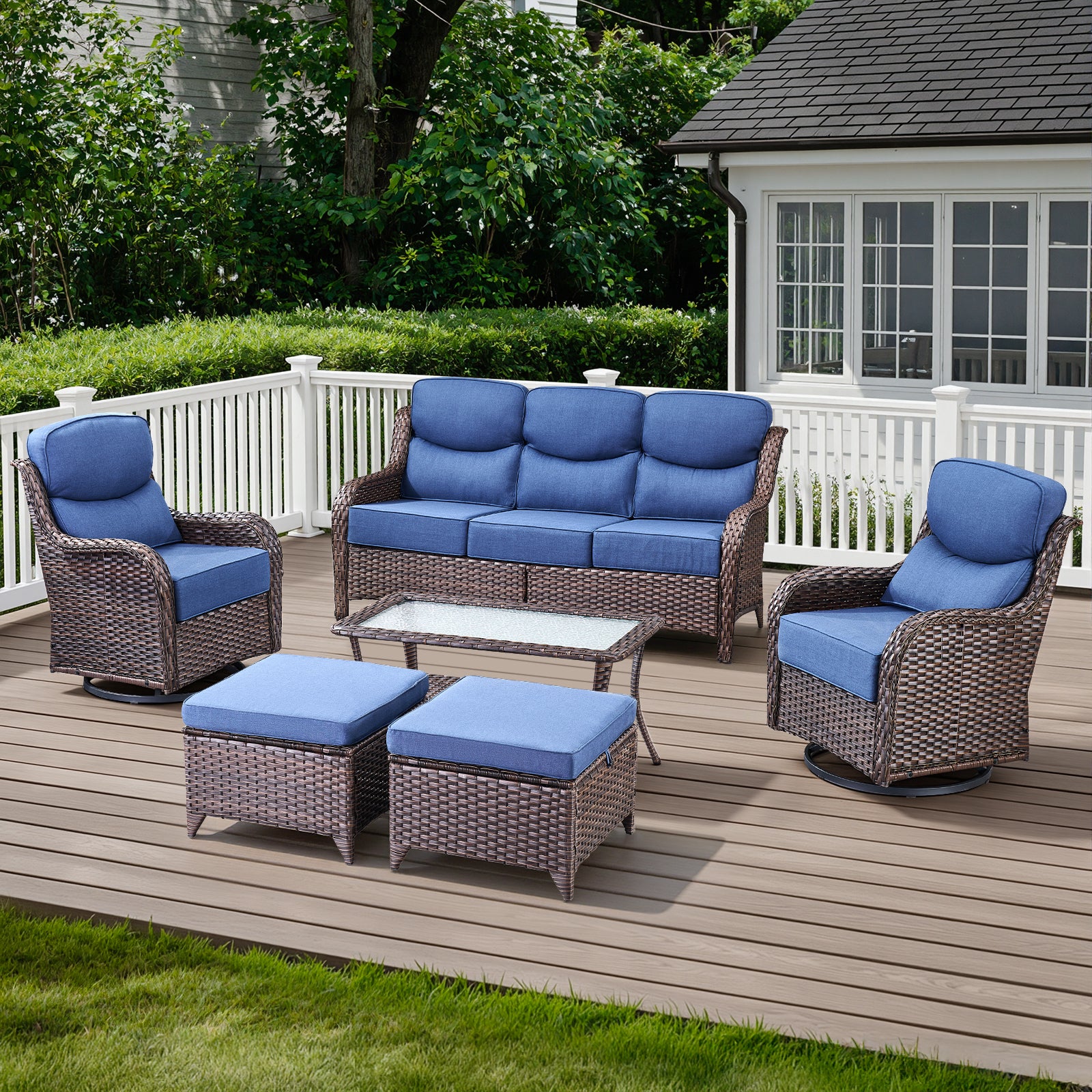 POCASSY Outdoor Patio Furniture Set, 6 Pieces High Back Patio Furniture Set with 6-inch Thick Cushions, Luxury Brown Wicker Patio Sofa Set with Patio Swivel Glider Chairs, Ottomans, Coffee Table