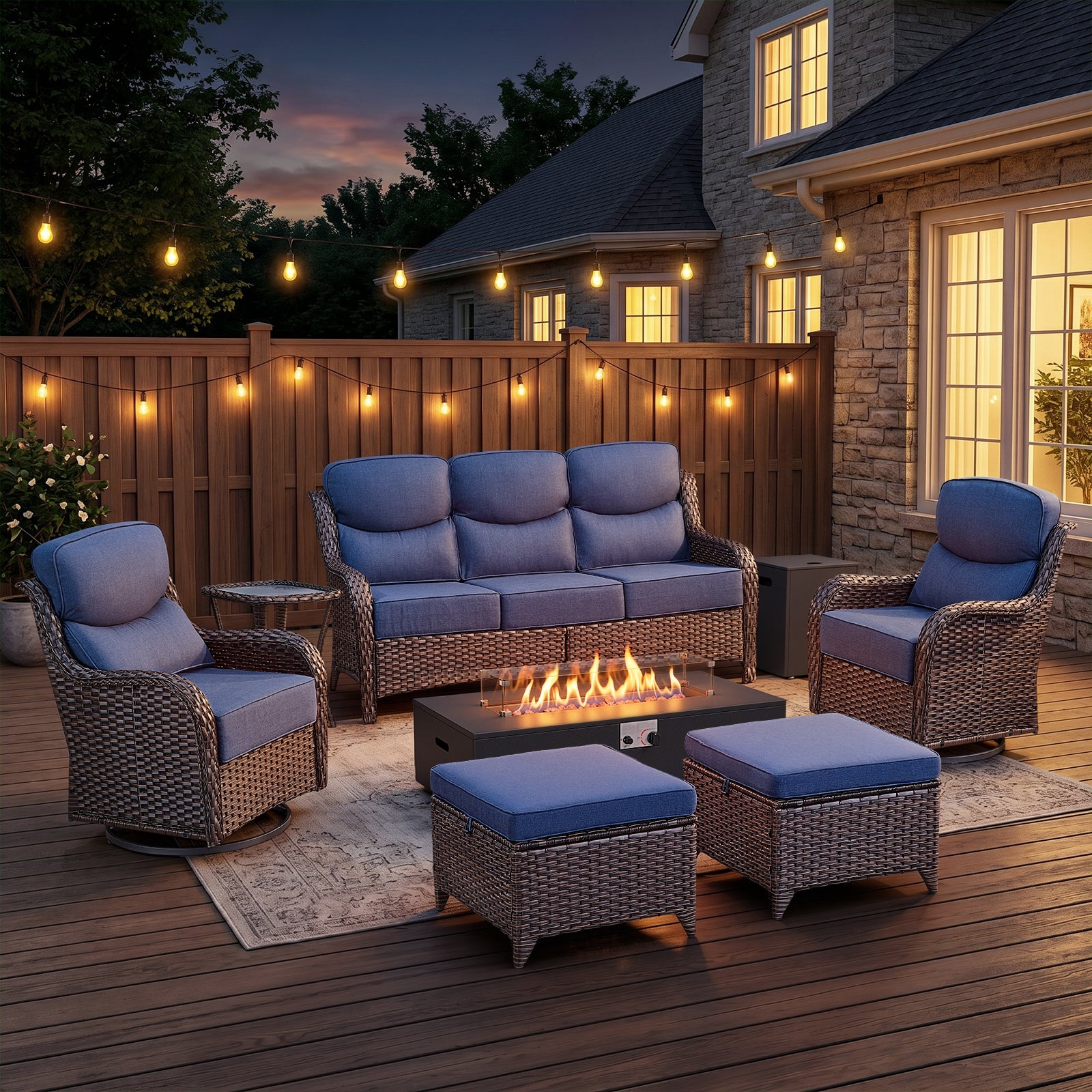 POCASSY Patio Furniture Set, 6" Thick Cushion 8-Piece High Back Outdoor Patio Furniture Set with Fire Pit, Brown Wicker Patio Sofa and Swivel Patio Chair, Rattan Wicker Sectional Conversation Set