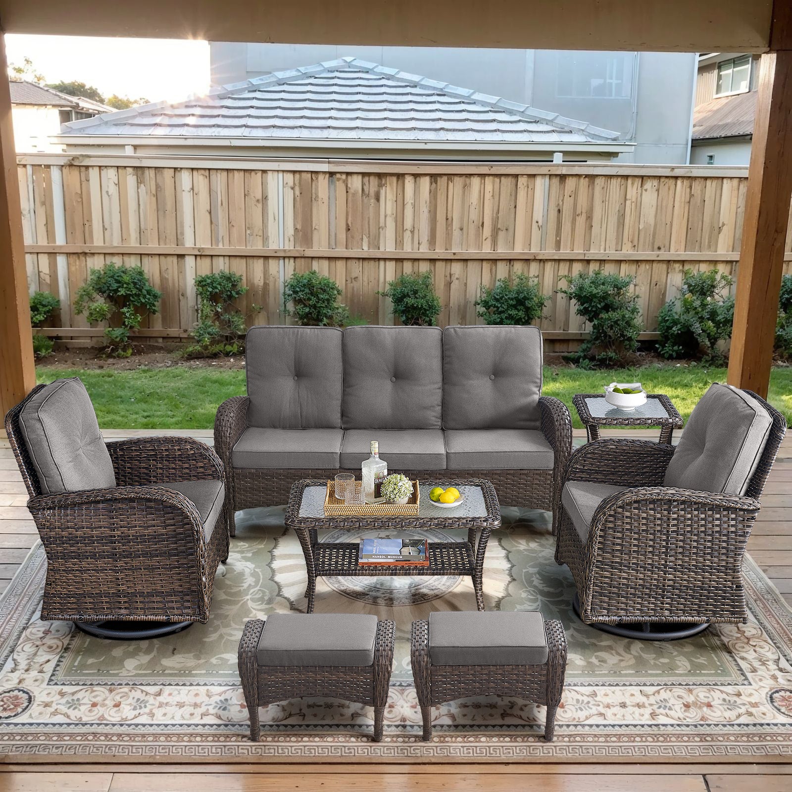 POCASSY 7 Pieces Patio Furniture Set All Weather Wicker Conversation Set with Coffee Table, Sofa, Swivel Rocking Chair, Ottoman and Side Table for Pool, Backyard, Garden