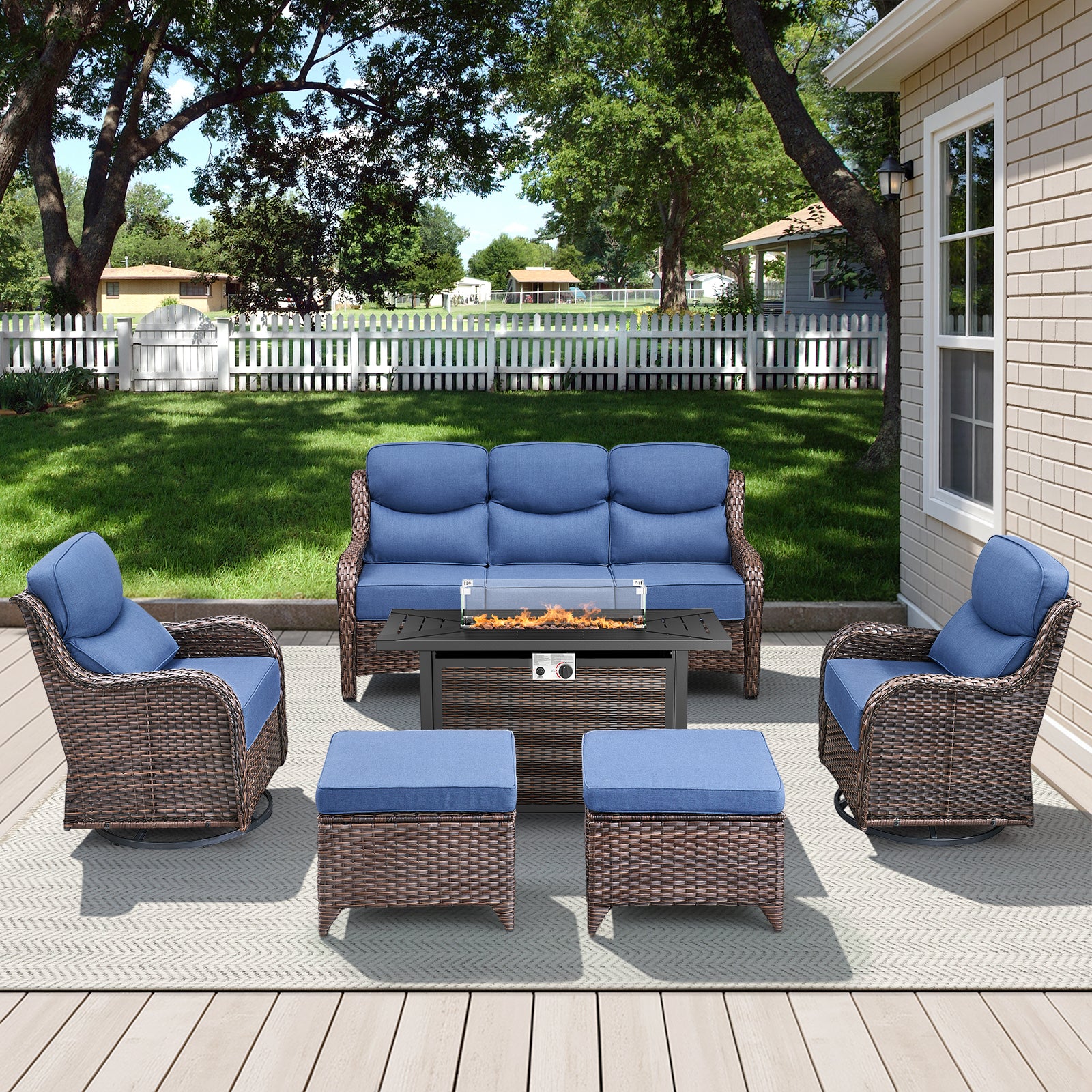 POCASSY All Weather Wicker Patio Furniture Set 6 Pieces, 6-INCH Extra Thick Cushion Outdoor Patio Firepit Set with Patio Sofa, Swivel Glider Chair, Ottoman, 43" Fire Pit Table