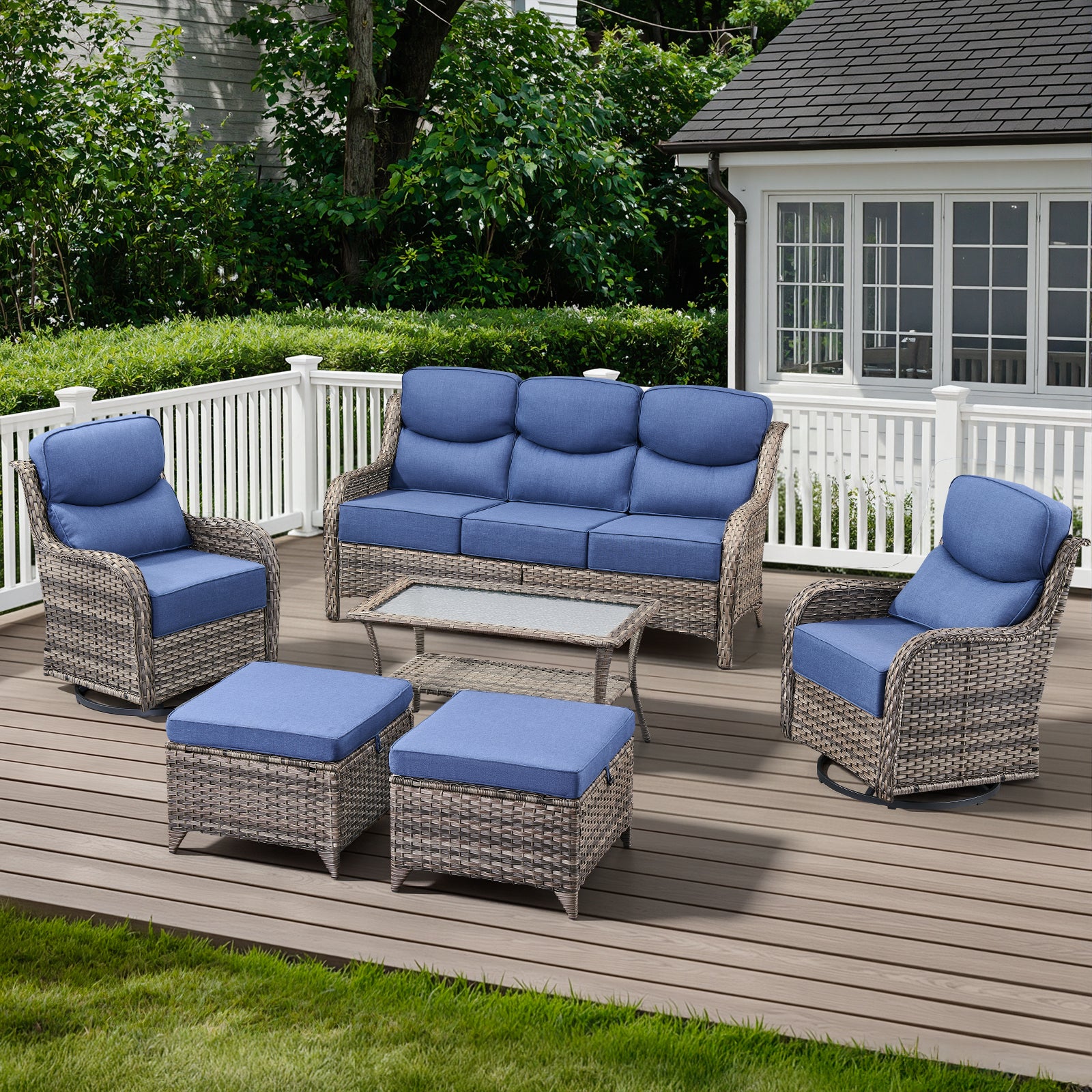 POCASSY Outdoor Patio Furniture Set, 6 Pieces High Back Patio Furniture Set with 6-inch Thick Cushions, Luxury Brown Wicker Patio Sofa Set with Patio Swivel Glider Chairs, Ottomans, Coffee Table