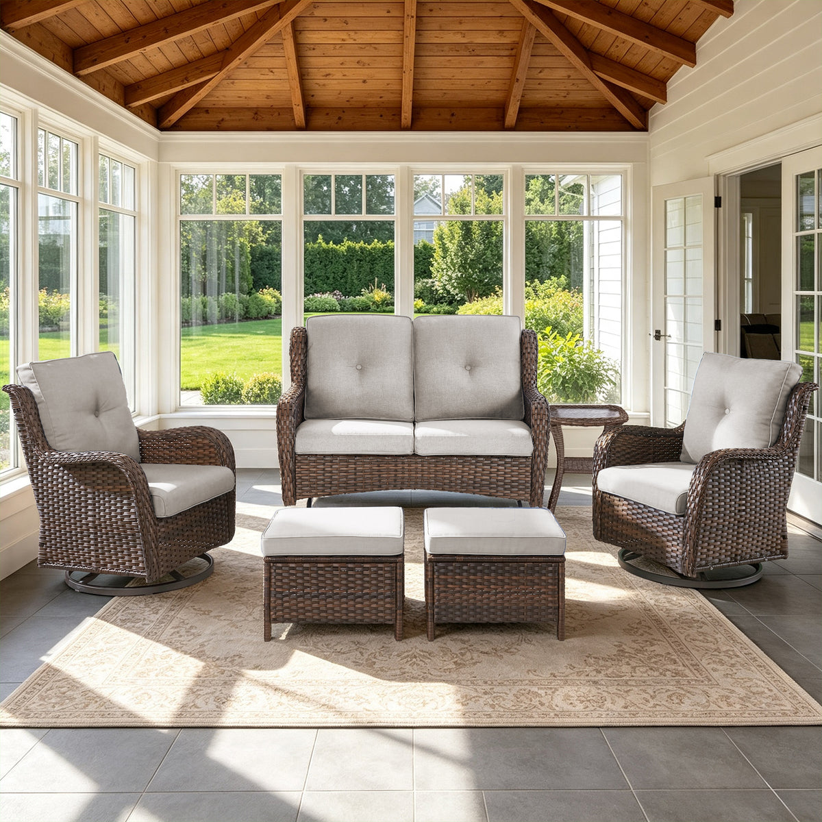 POCASSY 6PCS Patio Furniture Sets, All-Weather Wicker Outdoor Patio Furniture Set with Glider Loveseat, Swivel Glider Patio Chairs, Ottomans and Side Table