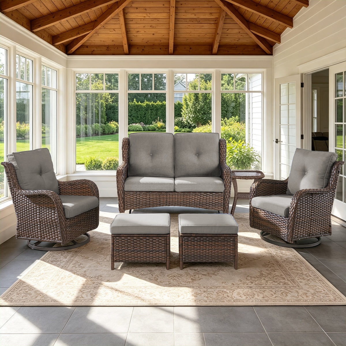POCASSY 6PCS Patio Furniture Sets, All-Weather Wicker Outdoor Patio Furniture Set with Glider Loveseat, Swivel Glider Patio Chairs, Ottomans and Side Table