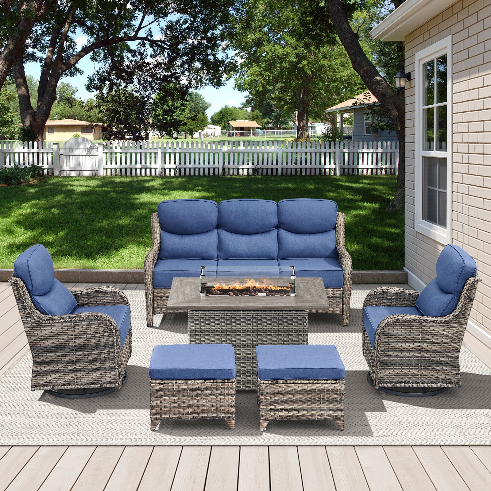 POCASSY All Weather Wicker Patio Furniture Set 6 Pieces, 6-INCH Extra Thick Cushion Outdoor Patio Firepit Set with Patio Sofa, Swivel Glider Chair, Ottoman, 41" Fire Pit Table