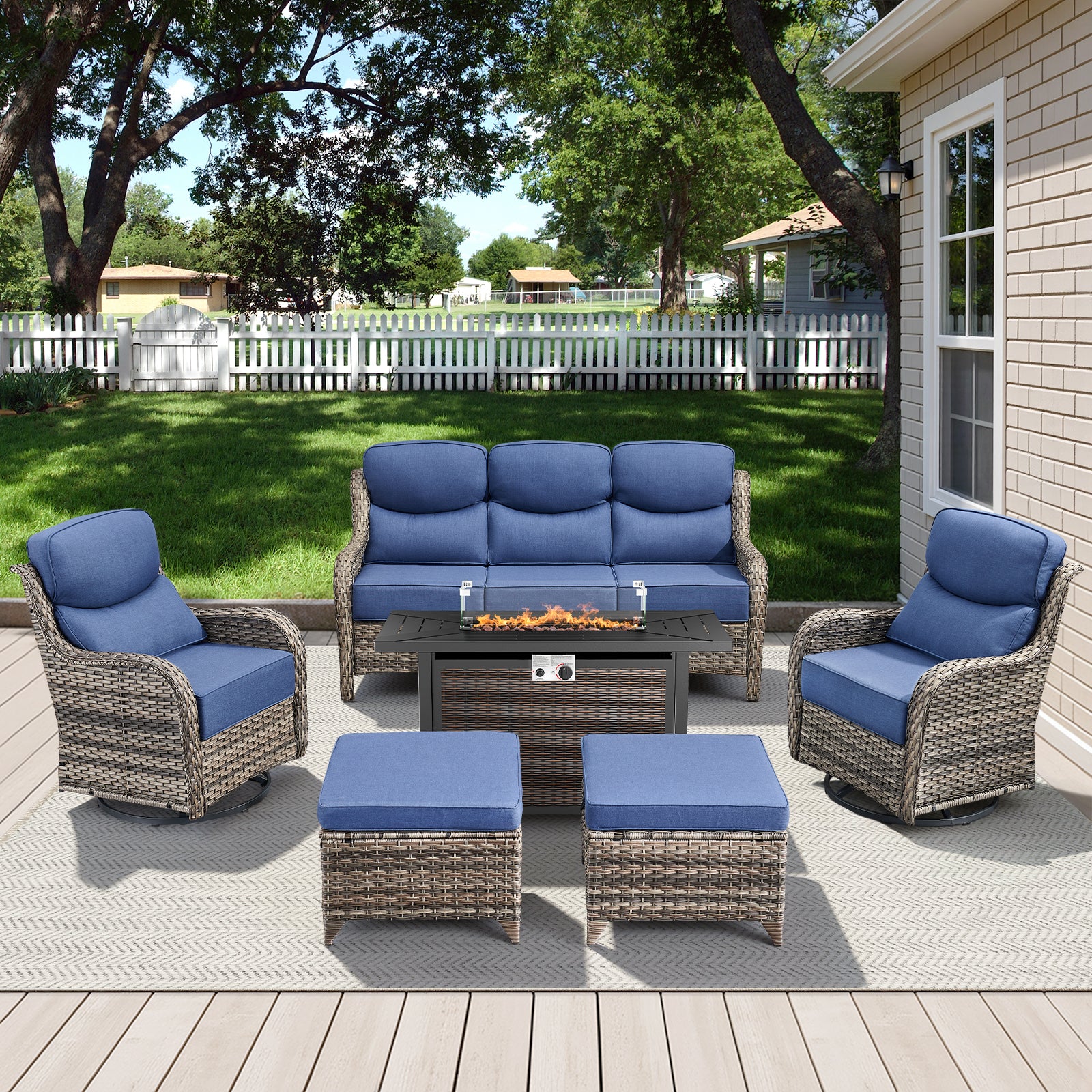 POCASSY All Weather Wicker Patio Furniture Set 6 Pieces, 6-INCH Extra Thick Cushion Outdoor Patio Firepit Set with Patio Sofa, Swivel Glider Chair, Ottoman, 43" Fire Pit Table
