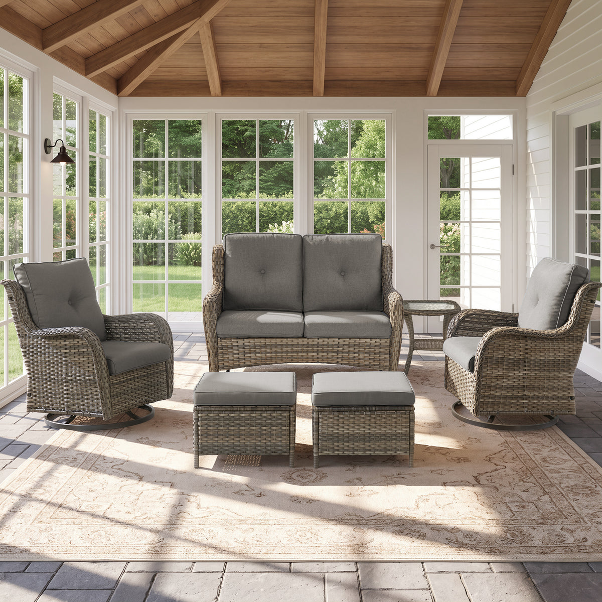 POCASSY 6PCS Patio Furniture Sets, All-Weather Wicker Outdoor Patio Furniture Set with Glider Loveseat, Swivel Glider Patio Chairs, Ottomans and Side Table