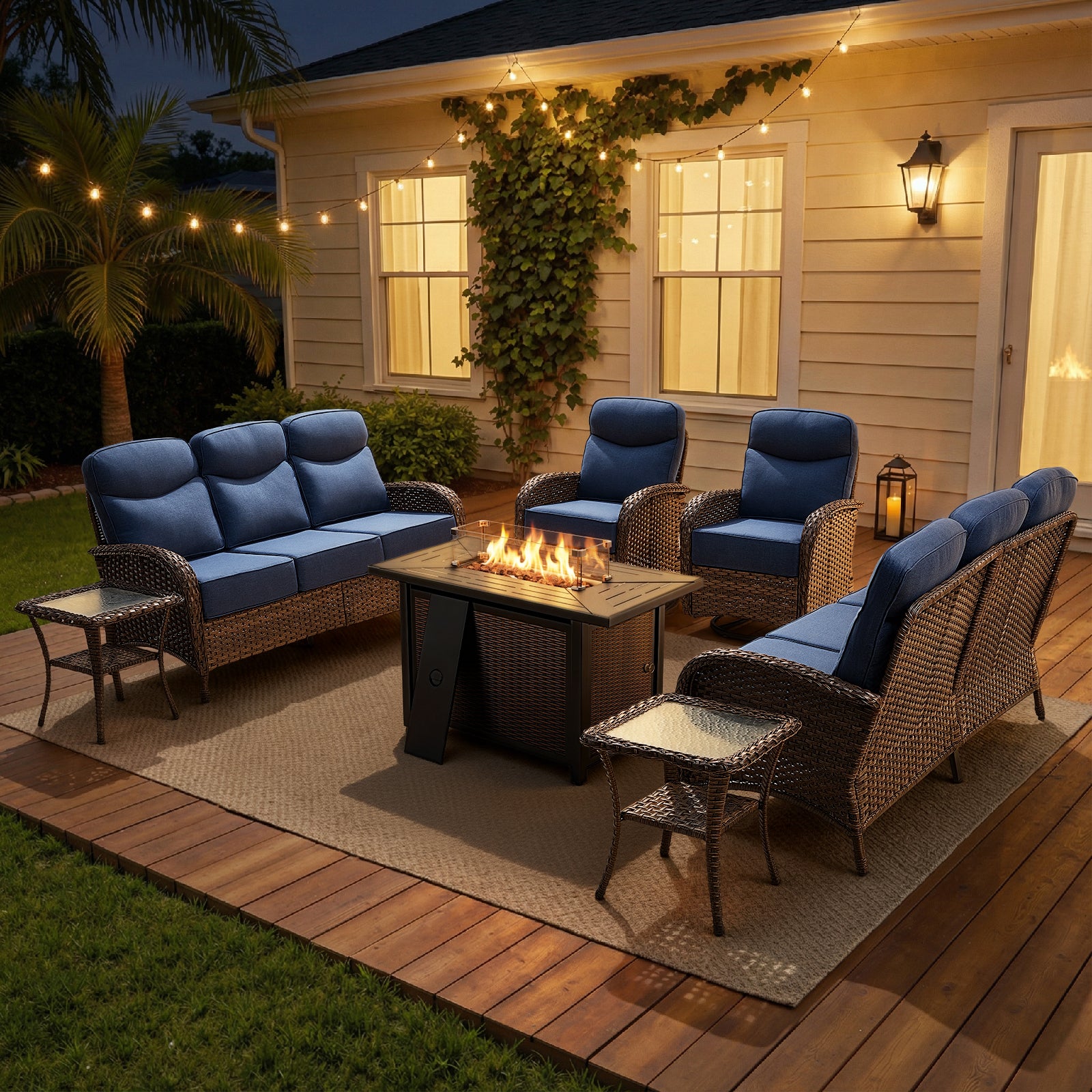 POCASSY 6 Pieces Outdoor Patio Furniture Set with Firepit - 6 Inch Thick Cushion Outdoor Conversation Set with 2 Sofas and 2 Swivel Glider Chairs for Balcony, Deck