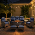 POCASSY All Weather Brown Wicker Patio Furniture Set, 7-Piece Outdoor Conversation Set with Firepit, Sofa, Swivel Glider Chairs, Side Table, and Ottomans for Porch Backyard