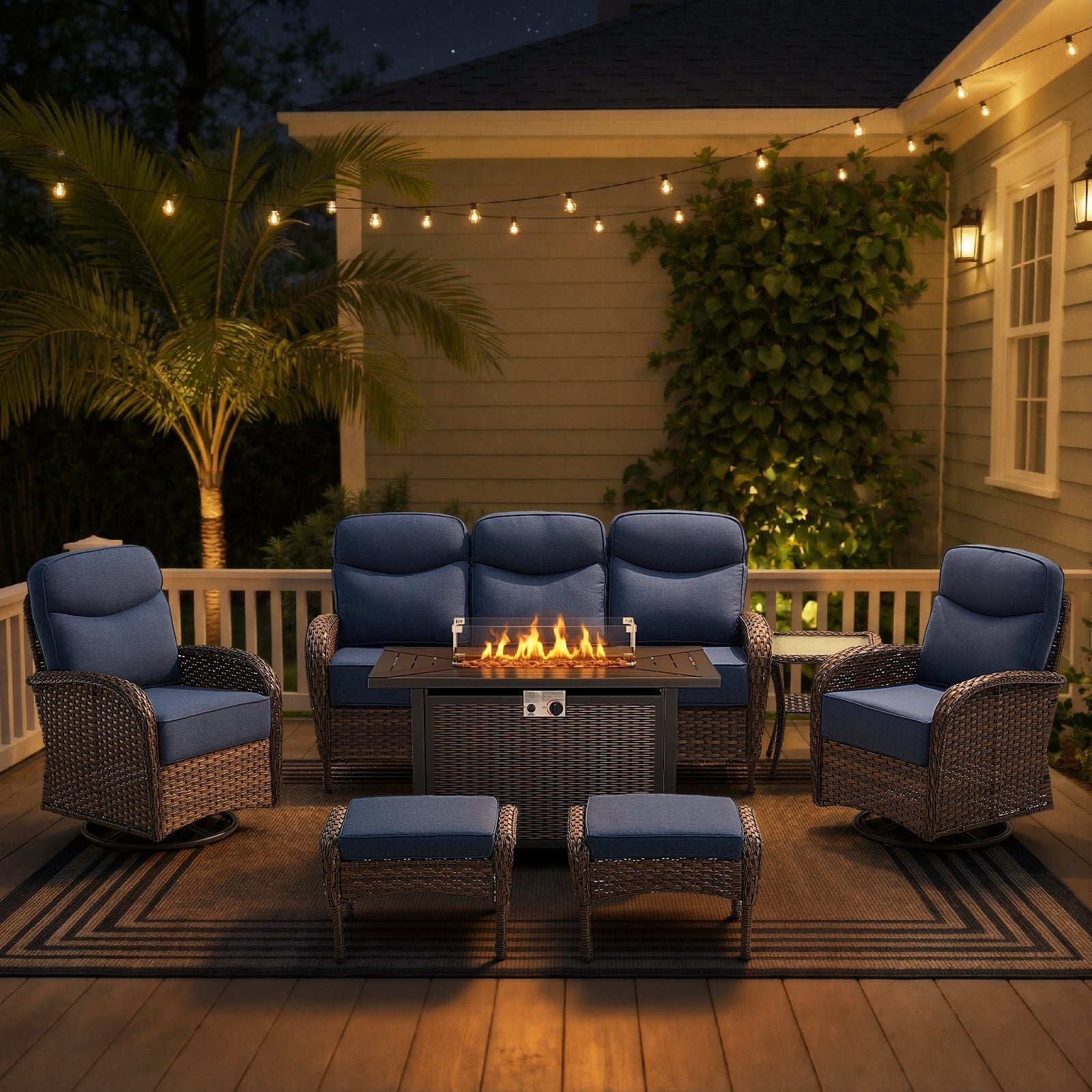POCASSY All Weather Brown Wicker Patio Furniture Set, 7-Piece Outdoor Conversation Set with Firepit, Sofa, Swivel Glider Chairs, Side Table, and Ottomans for Porch Backyard