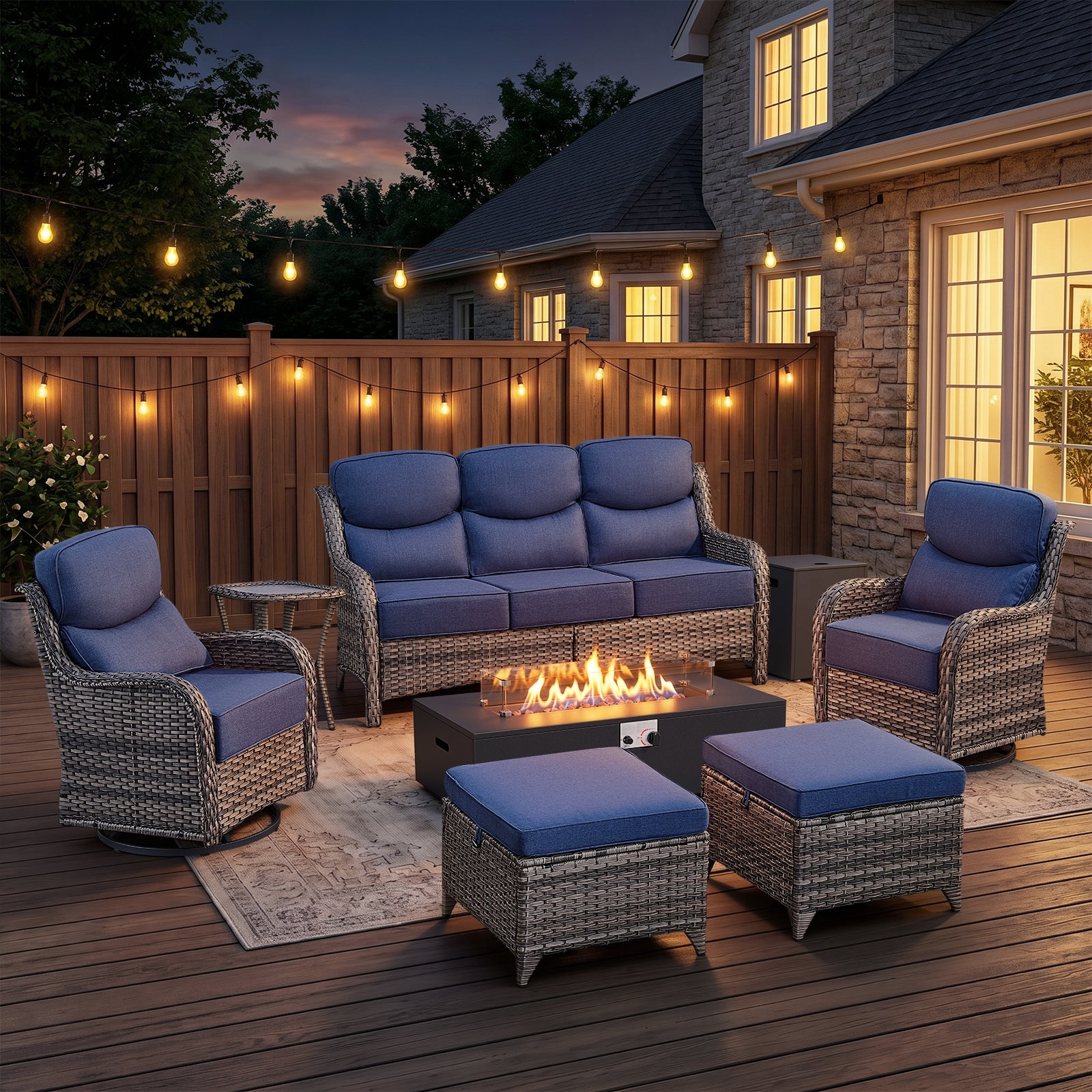 POCASSY Patio Furniture Set, 6" Thick Cushion 8-Piece High Back Outdoor Patio Furniture Set with Fire Pit, Brown Wicker Patio Sofa and Swivel Patio Chair, Rattan Wicker Sectional Conversation Set