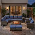 POCASSY Outdoor Patio Furniture Set with Fire Pit Table, All-Weather Wicker Sectional Sofa Set with Swivel Rockers, L-Shaped Conversation Set with Propane Fire Pit and Tank Side Table for Deck