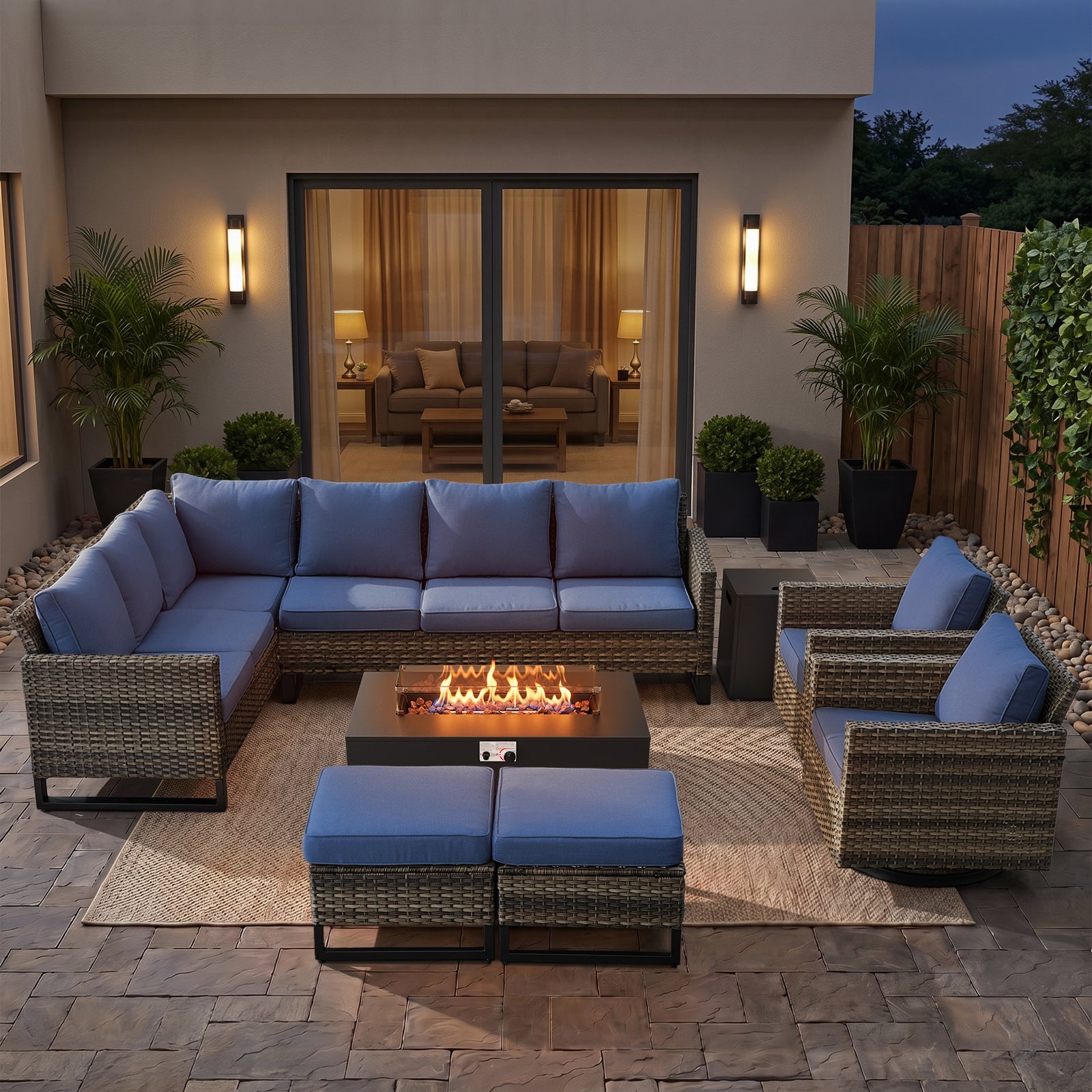POCASSY Outdoor Patio Furniture Set with Fire Pit Table, All-Weather Wicker Sectional Sofa Set with Swivel Rockers, L-Shaped Conversation Set with Propane Fire Pit and Tank Side Table for Deck