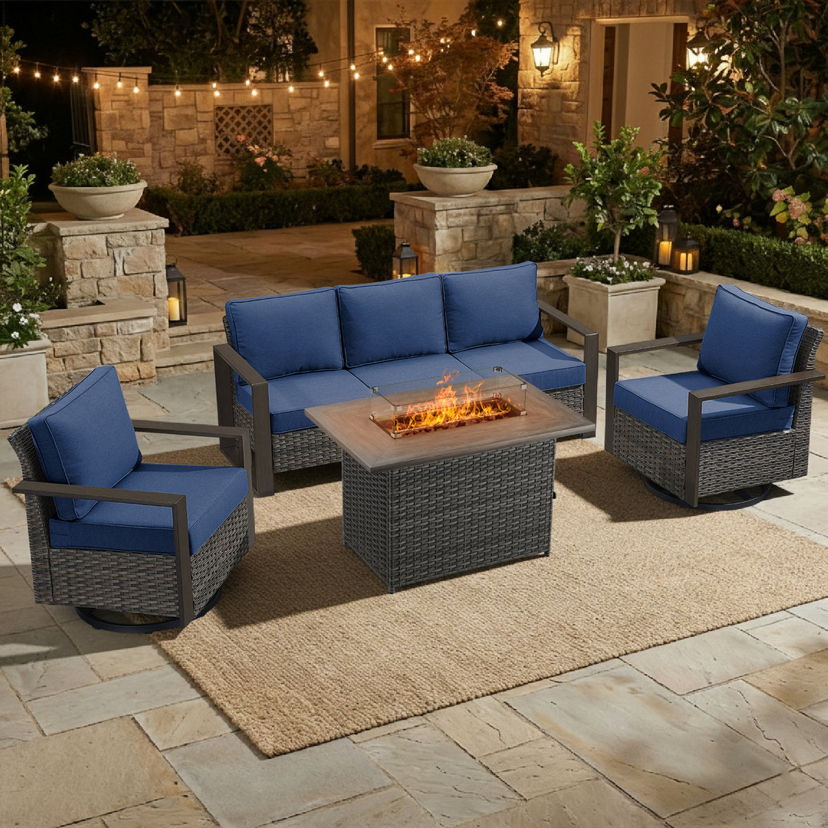 POCASSY Patio Furniture Set with Fire Pit, 4-Piece Wicker Outdoor Conversation Set with Swivel Glider Patio Chairs and 43" Propane Firepit Table, Luxury Outdoor Patio Fire Pit Set for Porch, Deck