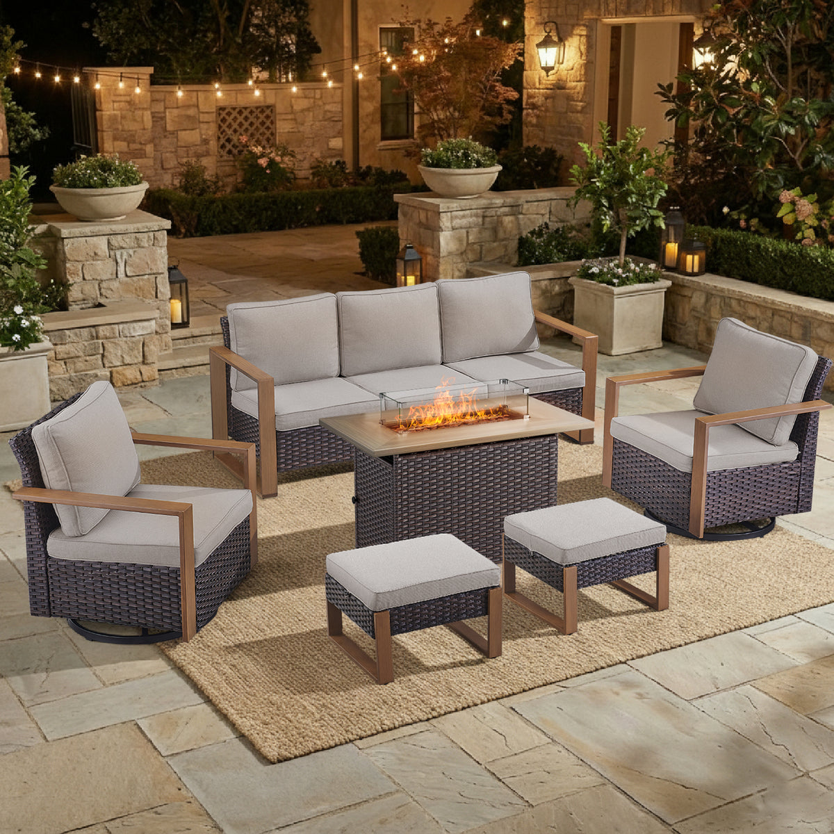 POCASSY Patio Furniture Set with Fire Pit, 6-Piece Wicker Outdoor Conversation Set with Swivel Glider Patio Chairs and 43" Propane Firepit Table, Luxury Outdoor Patio Fire Pit Set for Porch, Deck
