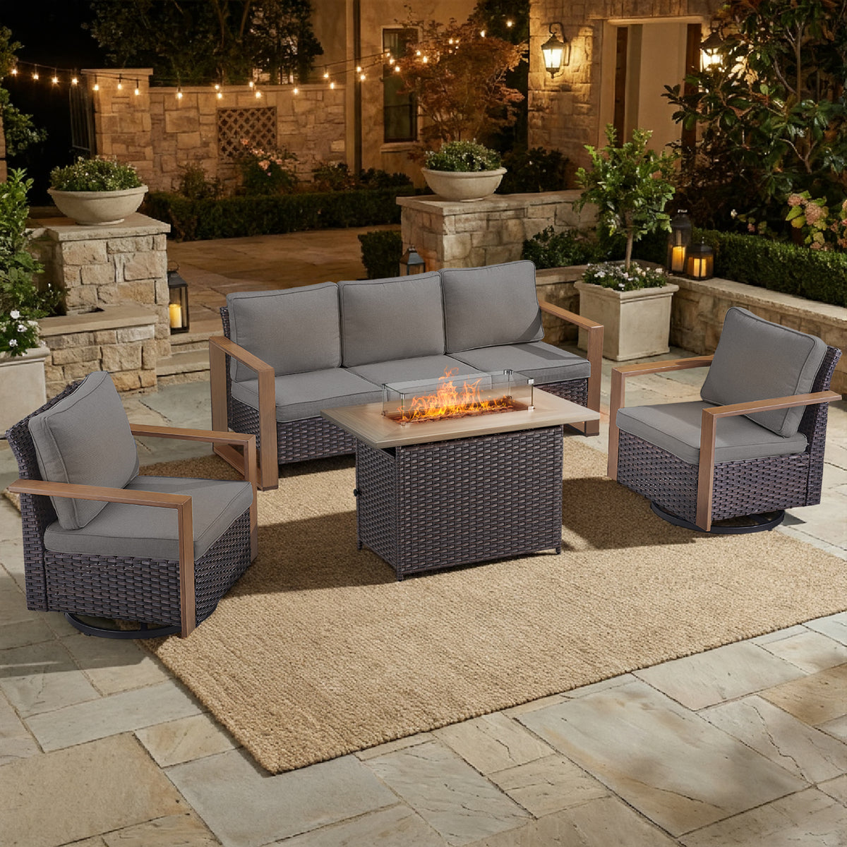 POCASSY Patio Furniture Set with Fire Pit, 4-Piece Wicker Outdoor Conversation Set with Swivel Glider Patio Chairs and 43" Propane Firepit Table, Luxury Outdoor Patio Fire Pit Set for Porch, Deck