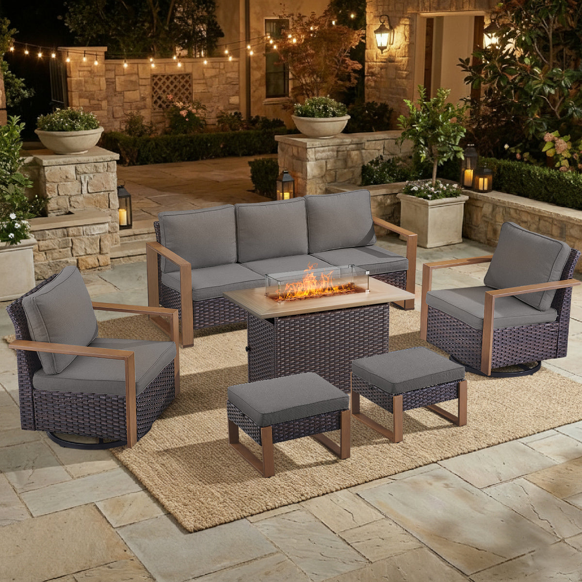POCASSY Patio Furniture Set with Fire Pit, 6-Piece Wicker Outdoor Conversation Set with Swivel Glider Patio Chairs and 43" Propane Firepit Table, Luxury Outdoor Patio Fire Pit Set for Porch, Deck