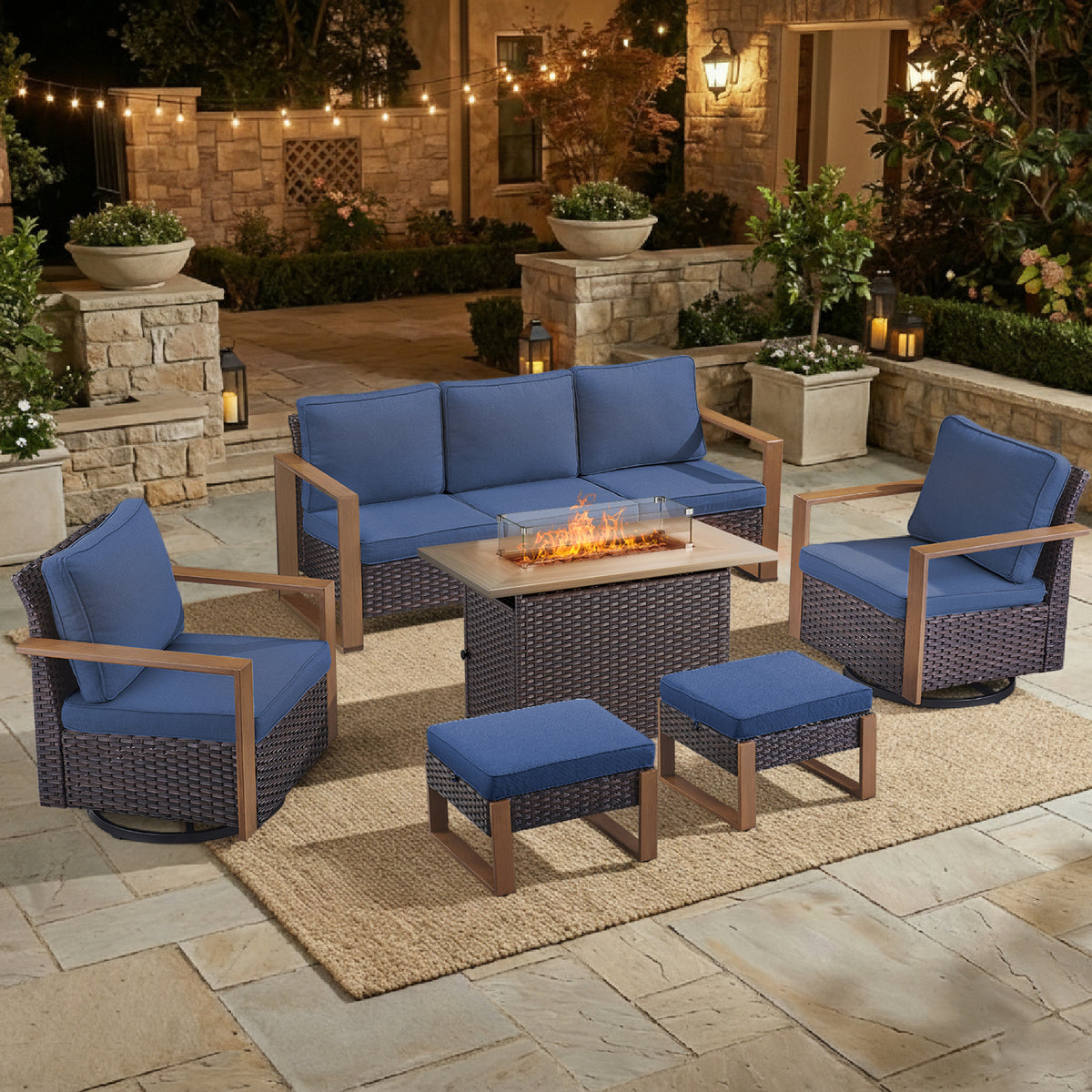 POCASSY Patio Furniture Set with Fire Pit, 6-Piece Wicker Outdoor Conversation Set with Swivel Glider Patio Chairs and 43" Propane Firepit Table, Luxury Outdoor Patio Fire Pit Set for Porch, Deck