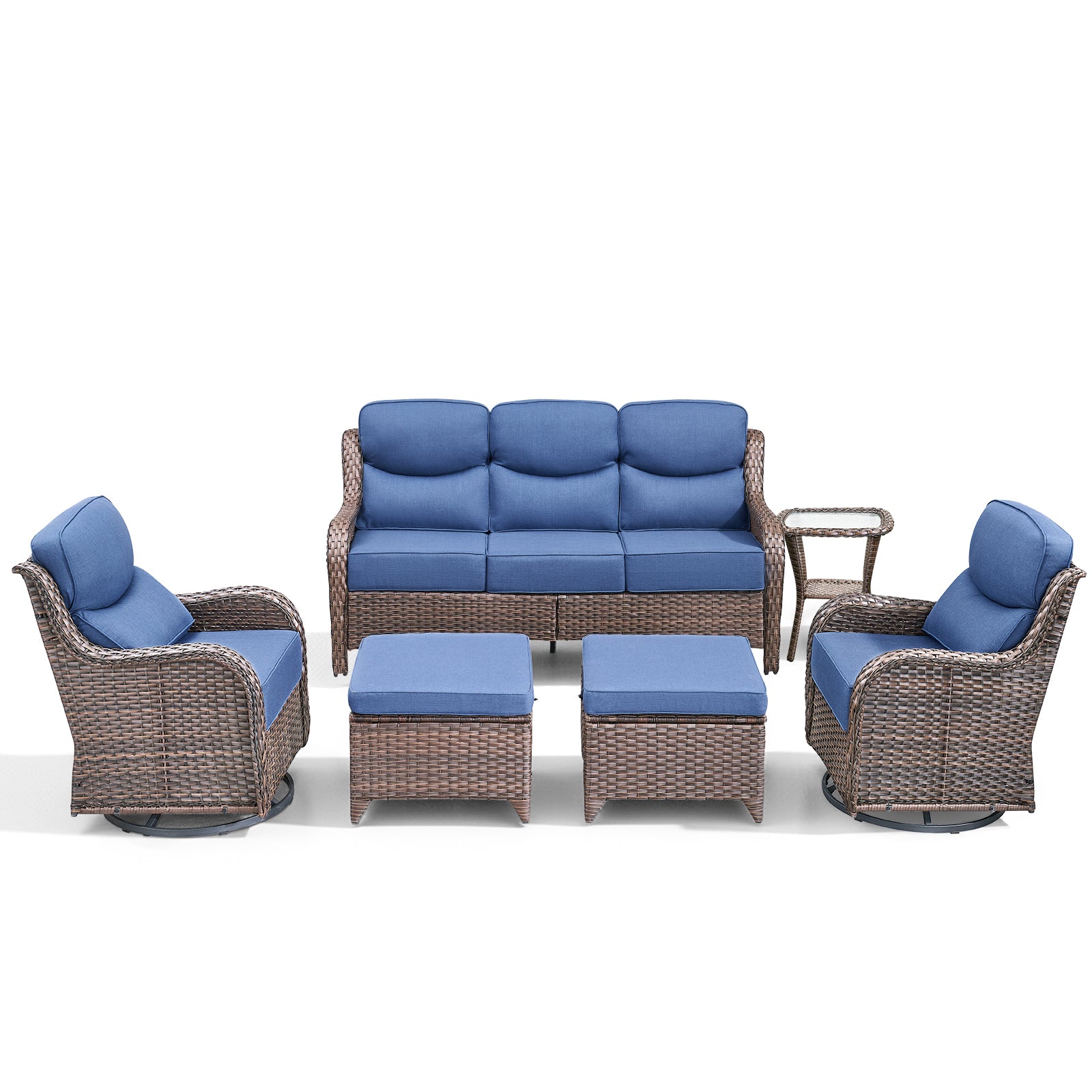 POCASSY 6-Piece Outdoor Patio Furniture Set, Brown Wicker Conversation Set with Sofa, 2 Swivel Rocking Chairs, 2 Ottomans and 6-Inch Extra Thick Blue Cushions