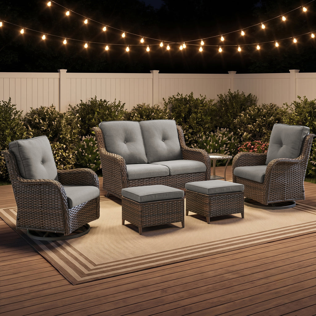 POCASSY 6PCS Patio Furniture Sets, All-Weather Wicker Outdoor Patio Furniture Set with Glider Loveseat, Swivel Glider Patio Chairs, Ottomans and Side Table