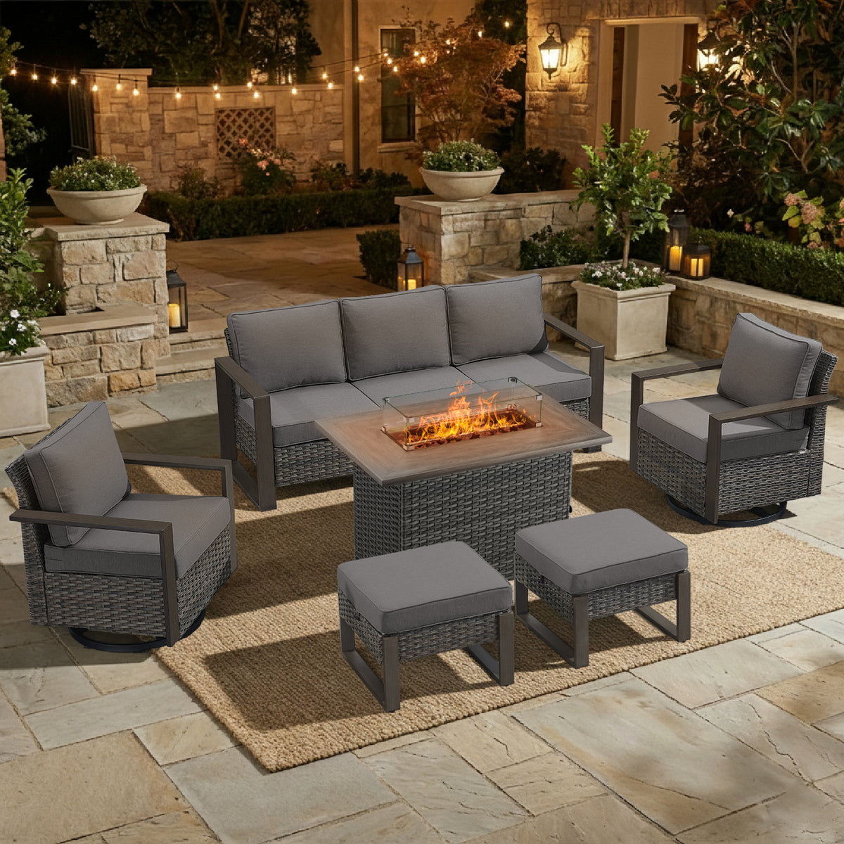 POCASSY Patio Furniture Set with Fire Pit, 6-Piece Wicker Outdoor Conversation Set with Swivel Glider Patio Chairs and 43" Propane Firepit Table, Luxury Outdoor Patio Fire Pit Set for Porch, Deck