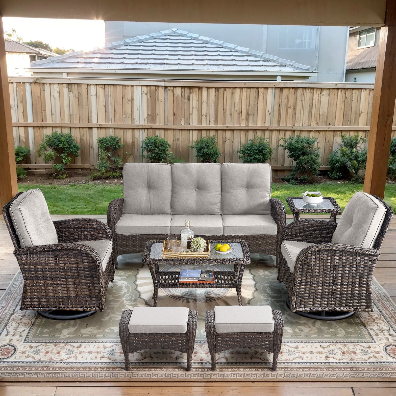 POCASSY 7 Pieces Patio Furniture Set All Weather Wicker Conversation Set with Coffee Table, Sofa, Swivel Rocking Chair, Ottoman and Side Table for Pool, Backyard, Garden