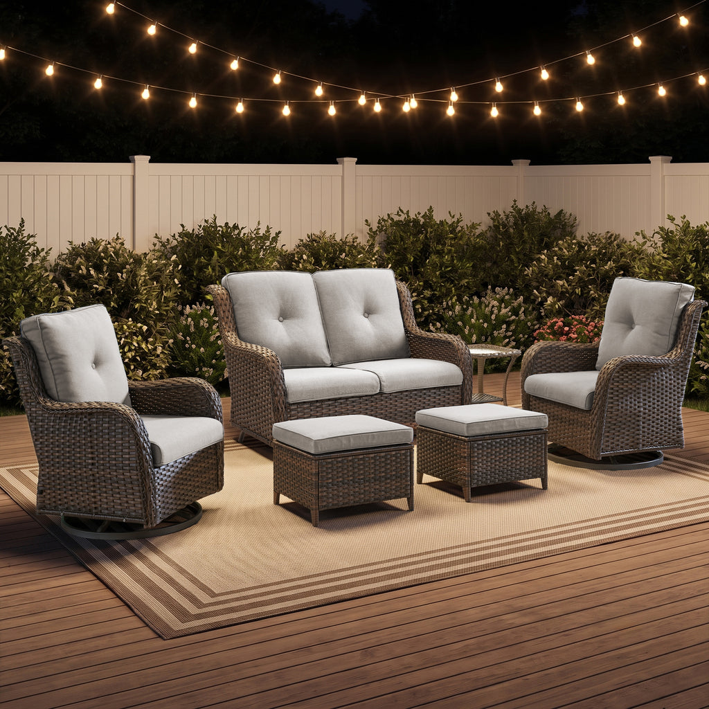 POCASSY 6PCS Patio Furniture Sets, All-Weather Wicker Outdoor Patio Furniture Set with Glider Loveseat, Swivel Glider Patio Chairs, Ottomans and Side Table