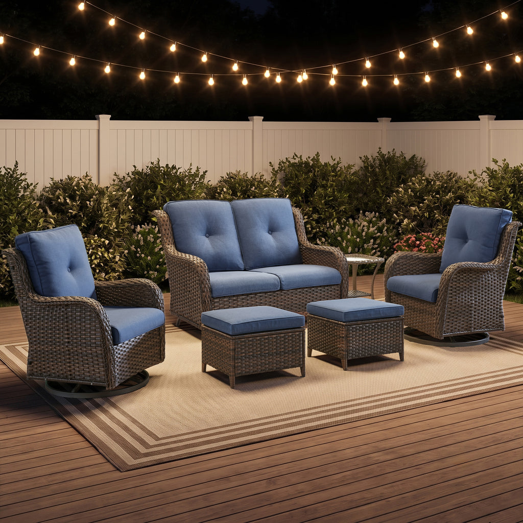 POCASSY 6PCS Patio Furniture Sets, All-Weather Wicker Outdoor Patio Furniture Set with Glider Loveseat, Swivel Glider Patio Chairs, Ottomans and Side Table