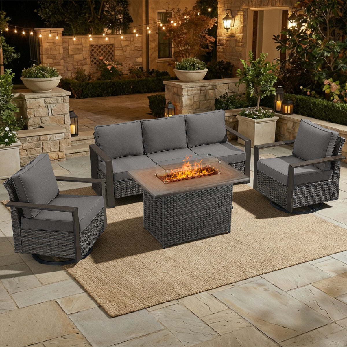 POCASSY Patio Furniture Set with Fire Pit, 4-Piece Wicker Outdoor Conversation Set with Swivel Glider Patio Chairs and 43" Propane Firepit Table, Luxury Outdoor Patio Fire Pit Set for Porch, Deck