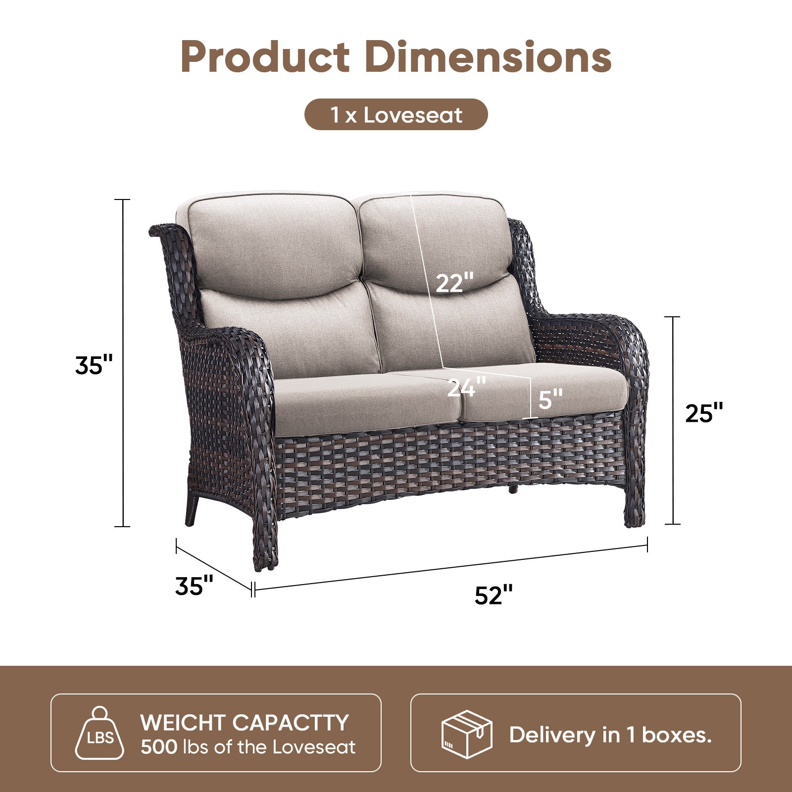 POCASSY 52" Wide Outdoor Wicker Patio Sofa with Cushions