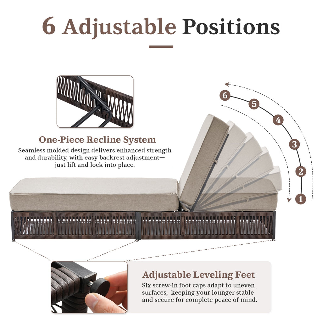 POCASSY Patio Chaise Lounge, Adjustable Backrest, 5-inch Thick Cushion, Brown Wicker, Patio Recliner Lounge Chair, Rattan Reclining Chair for Pool Pool Side