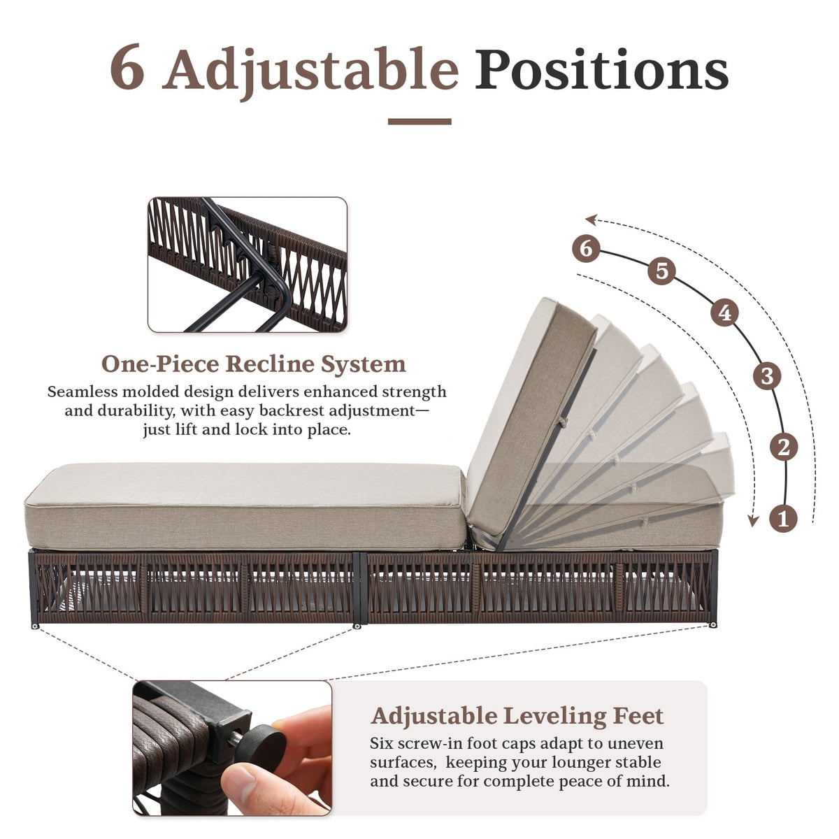 POCASSY Patio Chaise Lounge, Adjustable Backrest, 5-inch Thick Cushion, Brown Wicker, Patio Recliner Lounge Chair, Rattan Reclining Chair for Pool Pool Side