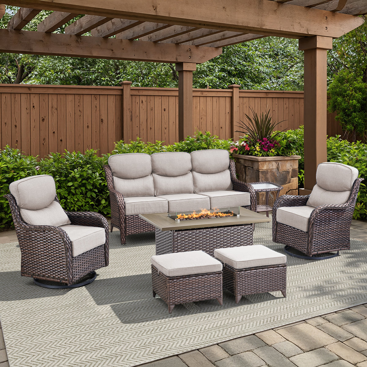 Pocassy All Weather Wicker Patio Furniture Set 7 Pieces, 6-INCH Extra Thick Cushion Outdoor Patio Firepit Set with Patio Sofa, Swivel Glider Chair, Ottoman, 41" Fire Pit Table