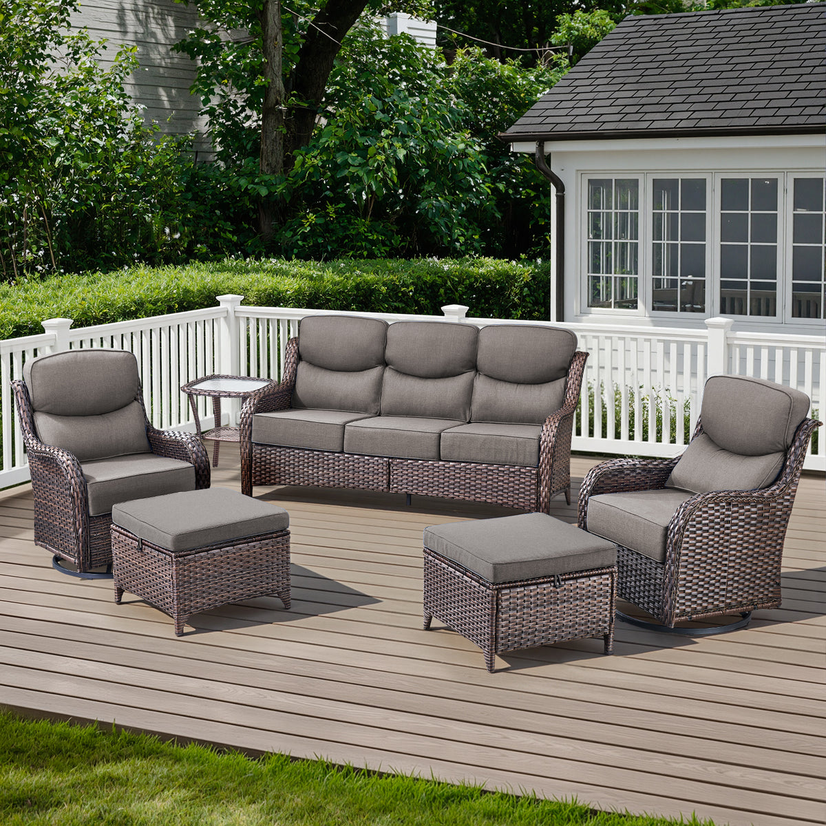 POCASSY 6-Piece Outdoor Patio Furniture Set, 6-Inch Extra Thick Cushions Brown Wicker Conversation Set with Sofa, 2 Swivel Rocking Chairs, 2 Ottomans, Side Table