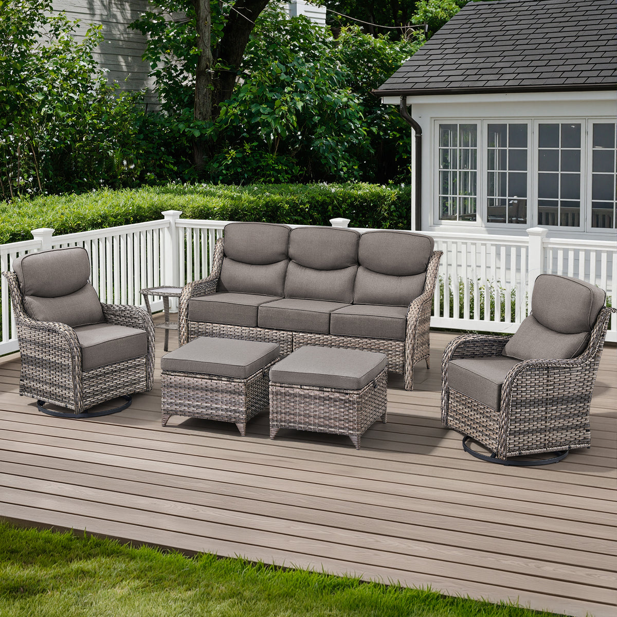 POCASSY 6-Piece Outdoor Patio Furniture Set, 6-Inch Extra Thick Cushions Brown Wicker Conversation Set with Sofa, 2 Swivel Rocking Chairs, 2 Ottomans, Side Table