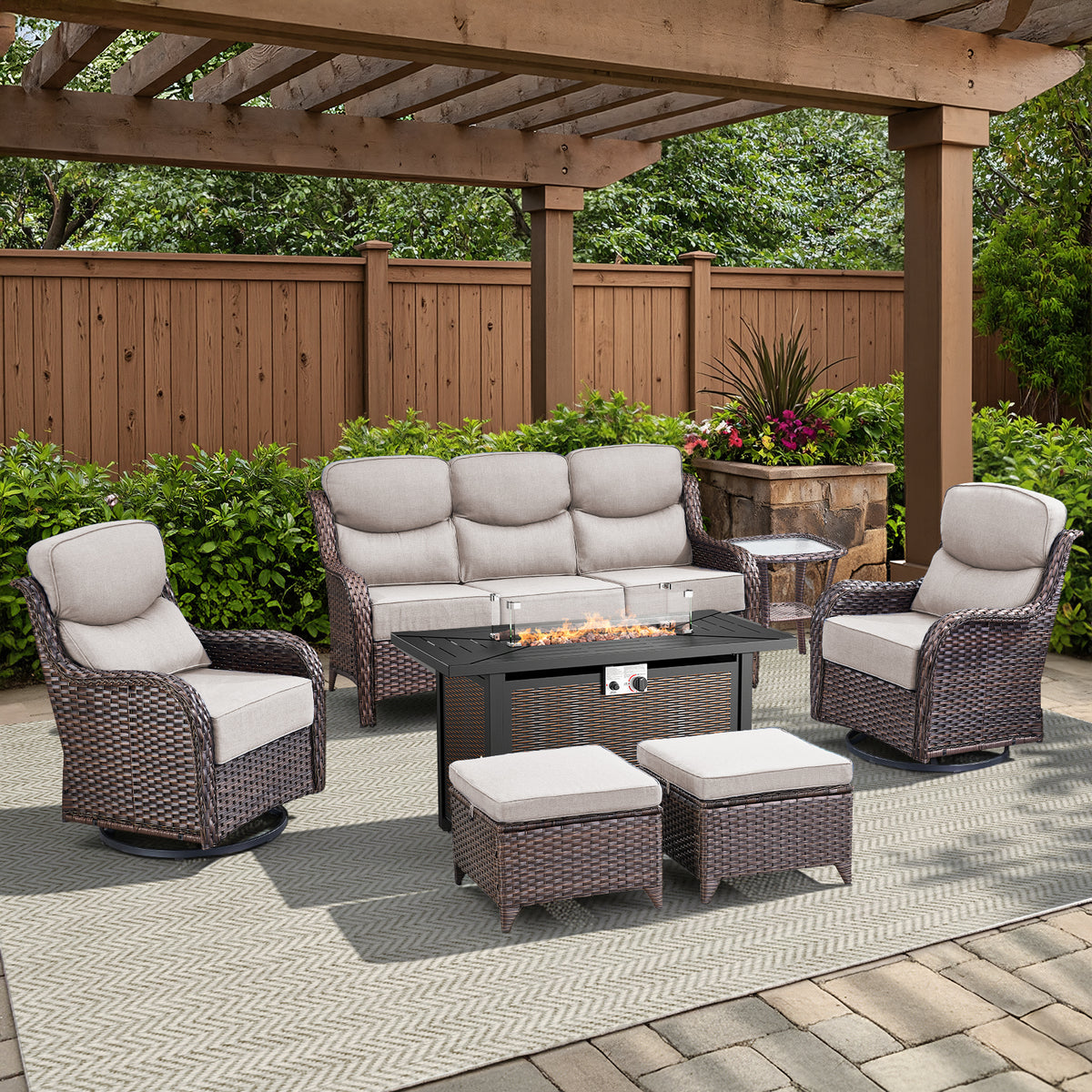 Pocassy All Weather Wicker 7 Pieces Patio Furniture Sets, 6-INCH Extra Thick Cushion Outdoor Patio Furniture Set with 43" Fire Pit Table, Patio Sofa, Swivel Glider Chair, Ottoman