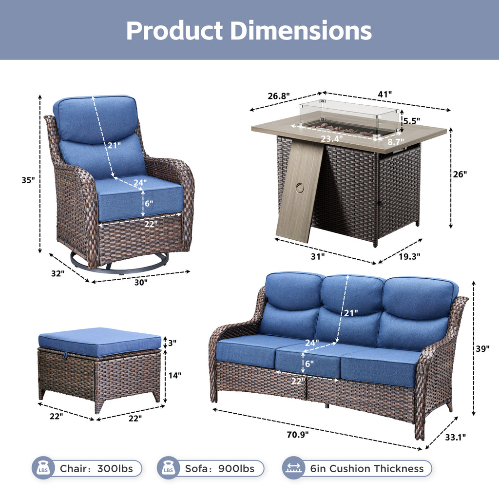 POCASSY All Weather Wicker Patio Furniture Set 6 Pieces, 6-INCH Extra Thick Cushion Outdoor Patio Firepit Set with Patio Sofa, Swivel Glider Chair, Ottoman, 41" Fire Pit Table