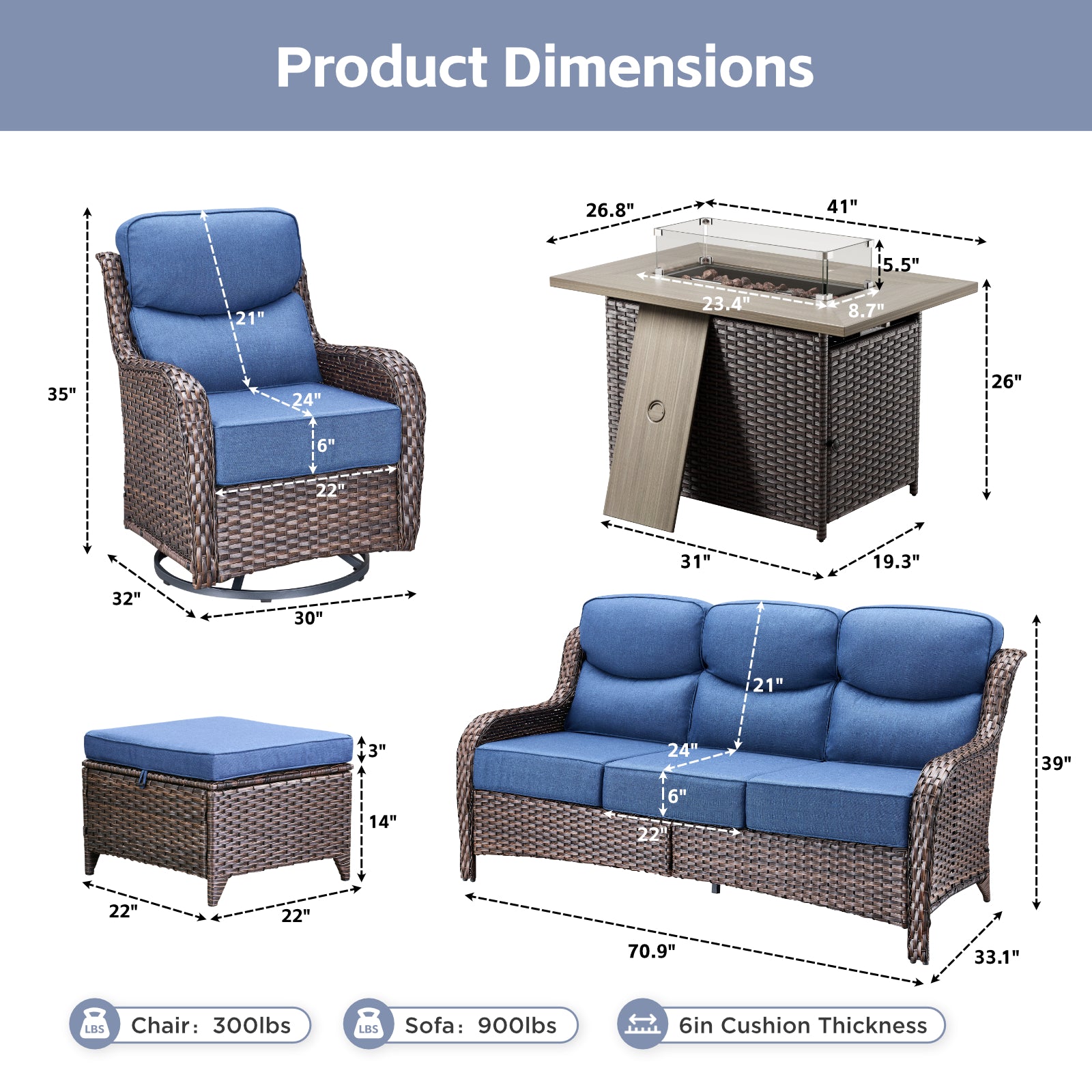 POCASSY All Weather Wicker Patio Furniture Set 6 Pieces, 6-INCH Extra Thick Cushion Outdoor Patio Firepit Set with Patio Sofa, Swivel Glider Chair, Ottoman, 41" Fire Pit Table