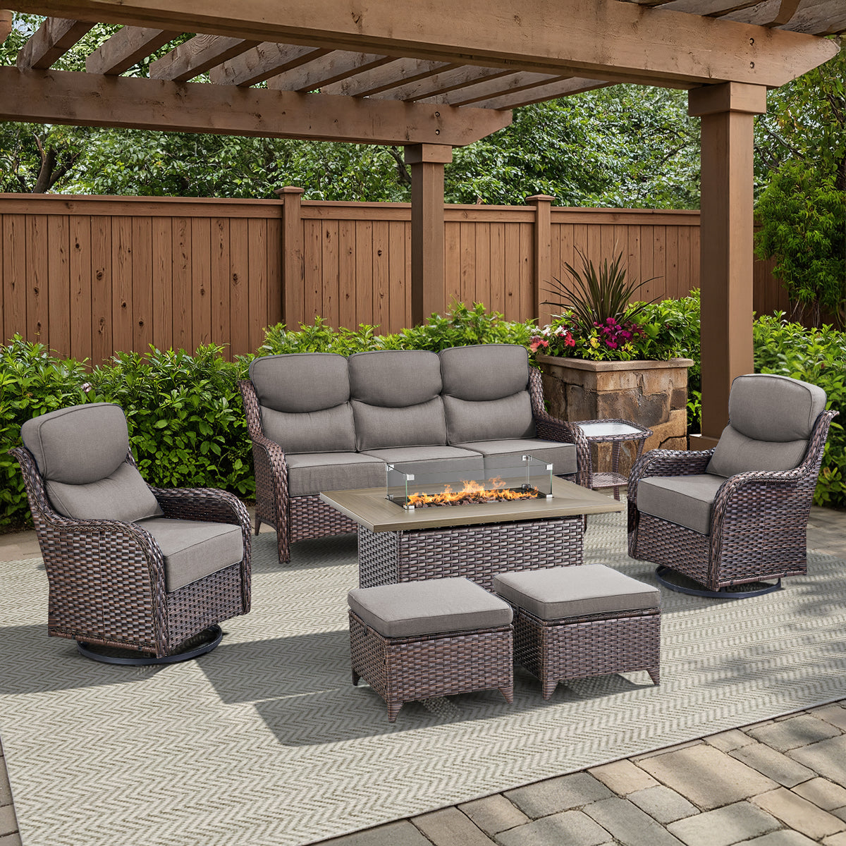 Pocassy All Weather Wicker Patio Furniture Set 7 Pieces, 6-INCH Extra Thick Cushion Outdoor Patio Firepit Set with Patio Sofa, Swivel Glider Chair, Ottoman, 41" Fire Pit Table