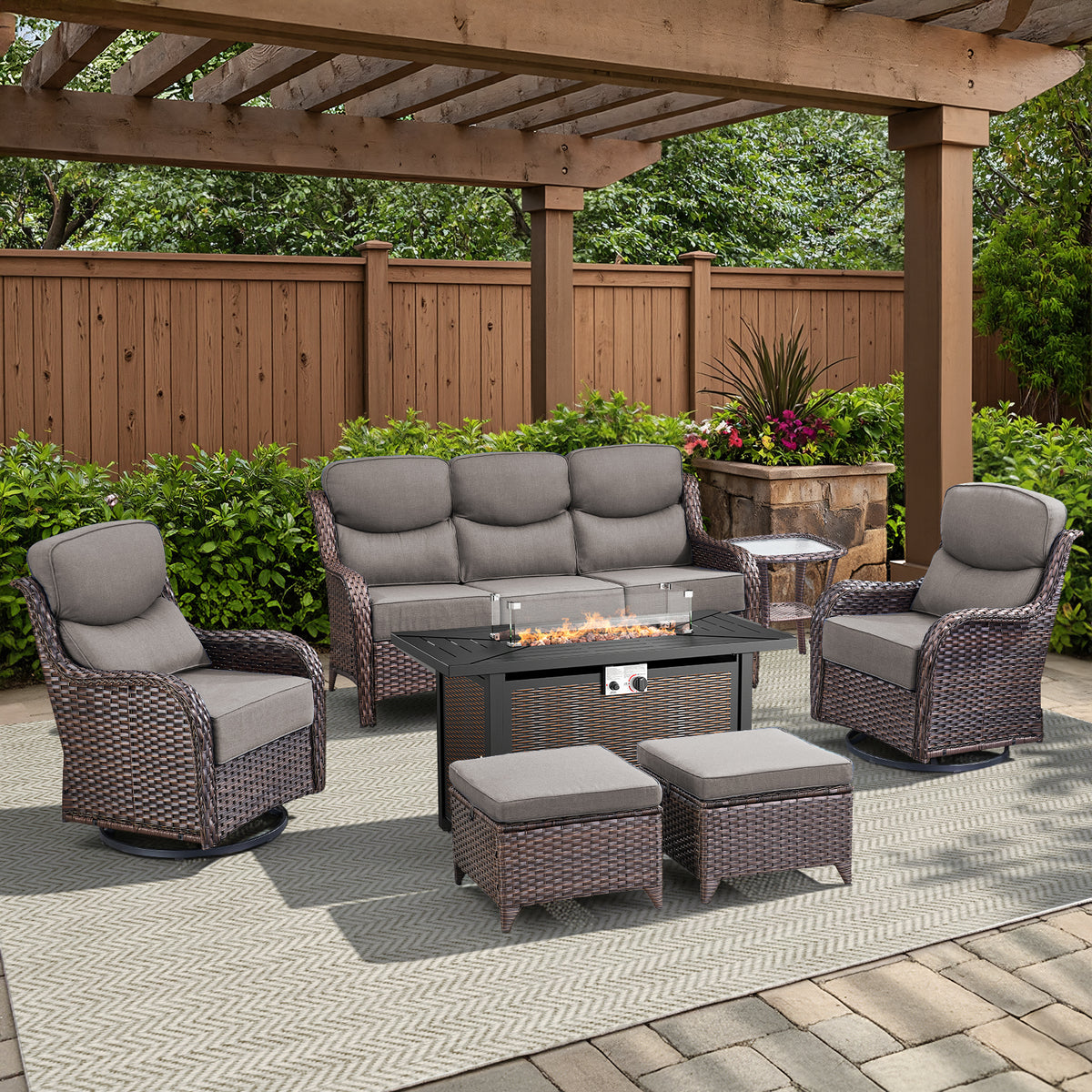 Pocassy All Weather Wicker 7 Pieces Patio Furniture Sets, 6-INCH Extra Thick Cushion Outdoor Patio Furniture Set with 43" Fire Pit Table, Patio Sofa, Swivel Glider Chair, Ottoman