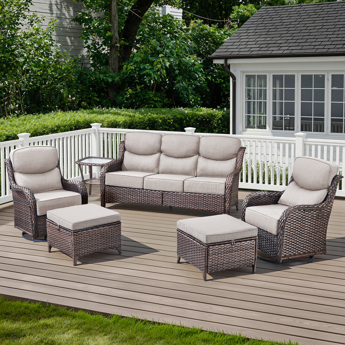 POCASSY 6-Piece Outdoor Patio Furniture Set, 6-Inch Extra Thick Cushions Brown Wicker Conversation Set with Sofa, 2 Swivel Rocking Chairs, 2 Ottomans, Side Table