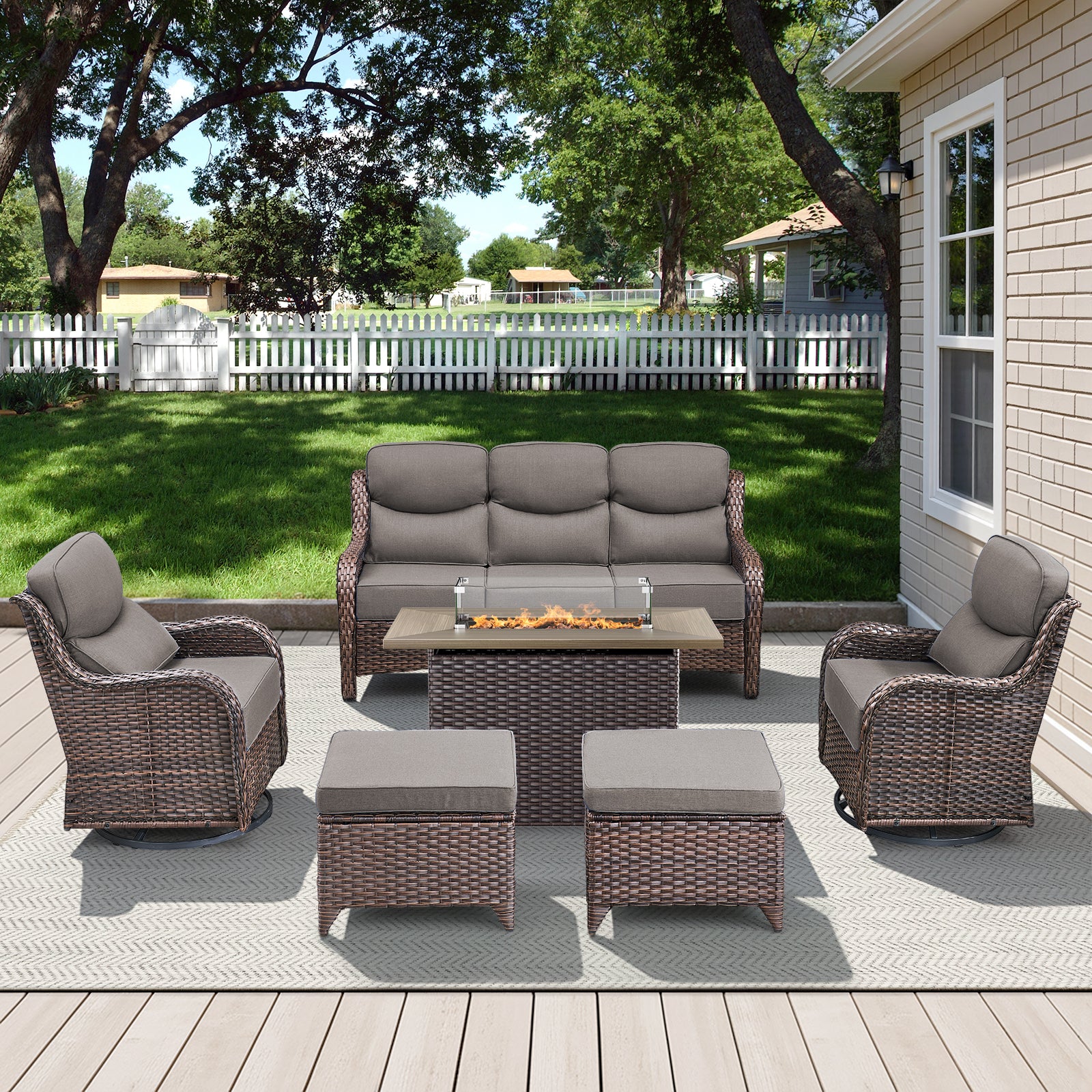 POCASSY All Weather Wicker Patio Furniture Set 6 Pieces, 6-INCH Extra Thick Cushion Outdoor Patio Firepit Set with Patio Sofa, Swivel Glider Chair, Ottoman, 41" Fire Pit Table