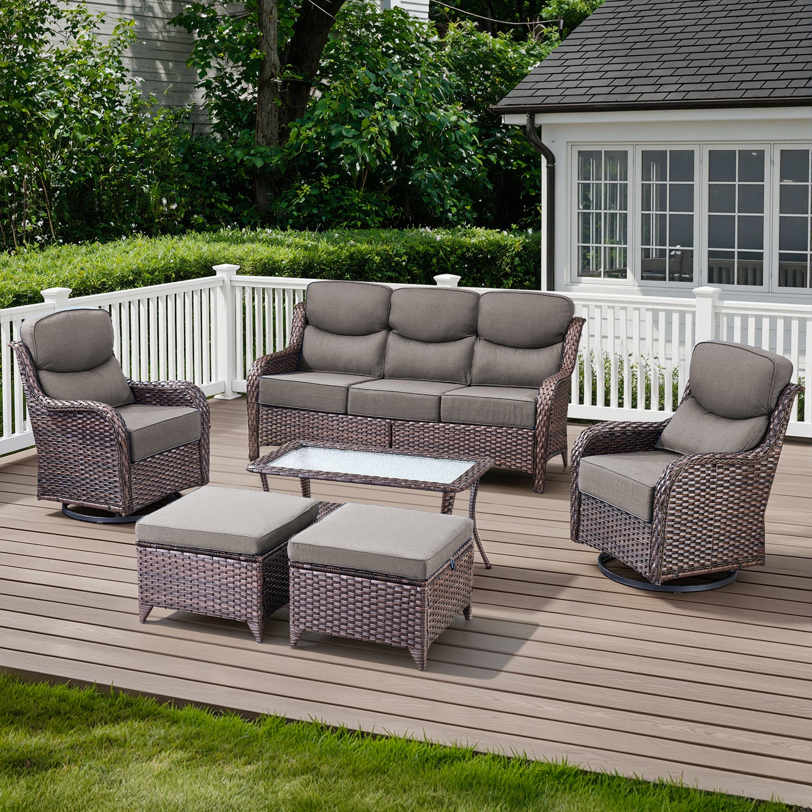POCASSY Outdoor Patio Furniture Set, 6 Pieces High Back Patio Furniture Set with 6-inch Thick Cushions, Luxury Brown Wicker Patio Sofa Set with Patio Swivel Glider Chairs, Ottomans, Coffee Table