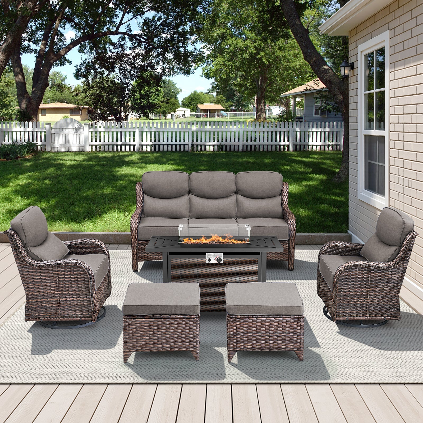 POCASSY All Weather Wicker Patio Furniture Set 6 Pieces, 6-INCH Extra Thick Cushion Outdoor Patio Firepit Set with Patio Sofa, Swivel Glider Chair, Ottoman, 43" Fire Pit Table