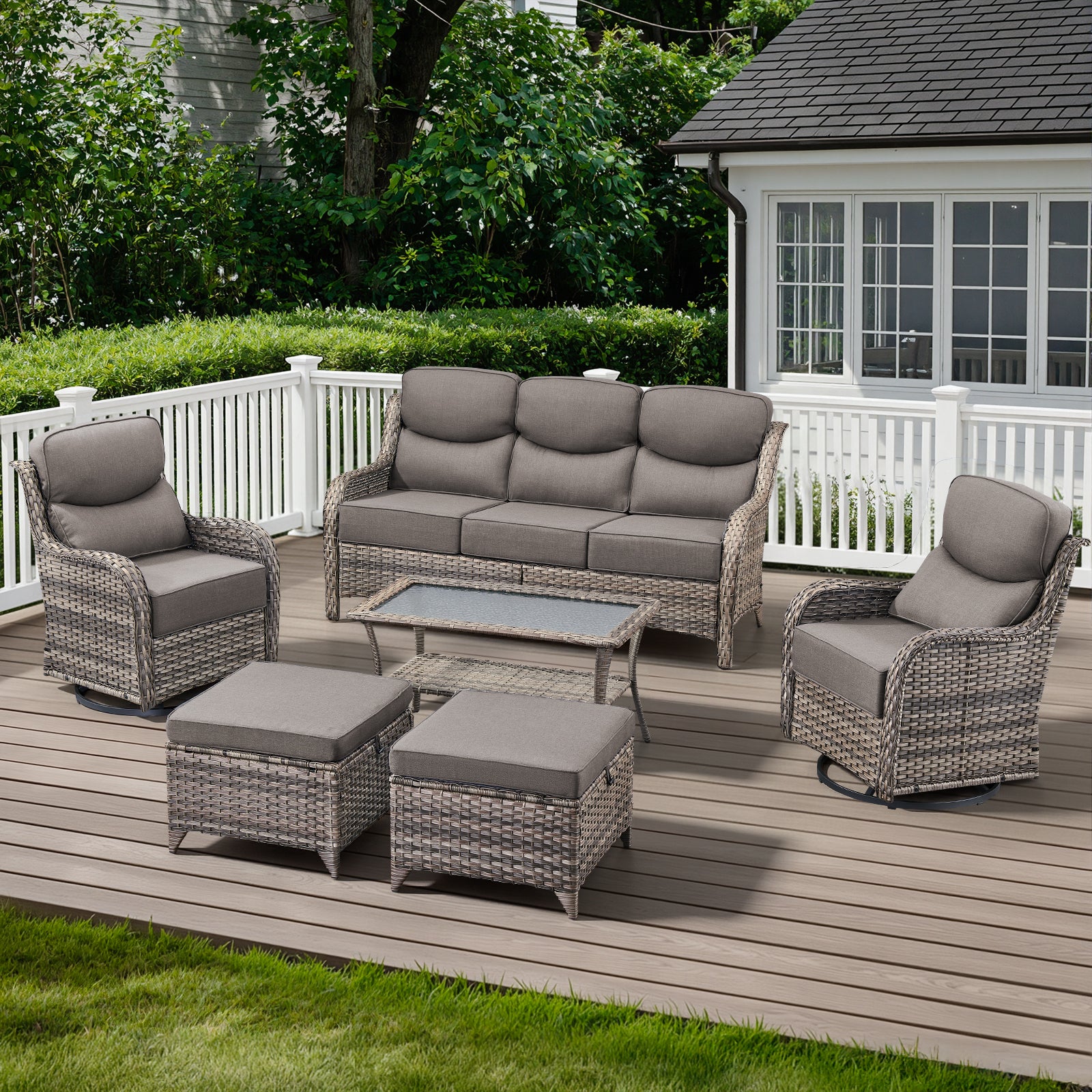 POCASSY Outdoor Patio Furniture Set, 6 Pieces High Back Patio Furniture Set with 6-inch Thick Cushions, Luxury Brown Wicker Patio Sofa Set with Patio Swivel Glider Chairs, Ottomans, Coffee Table