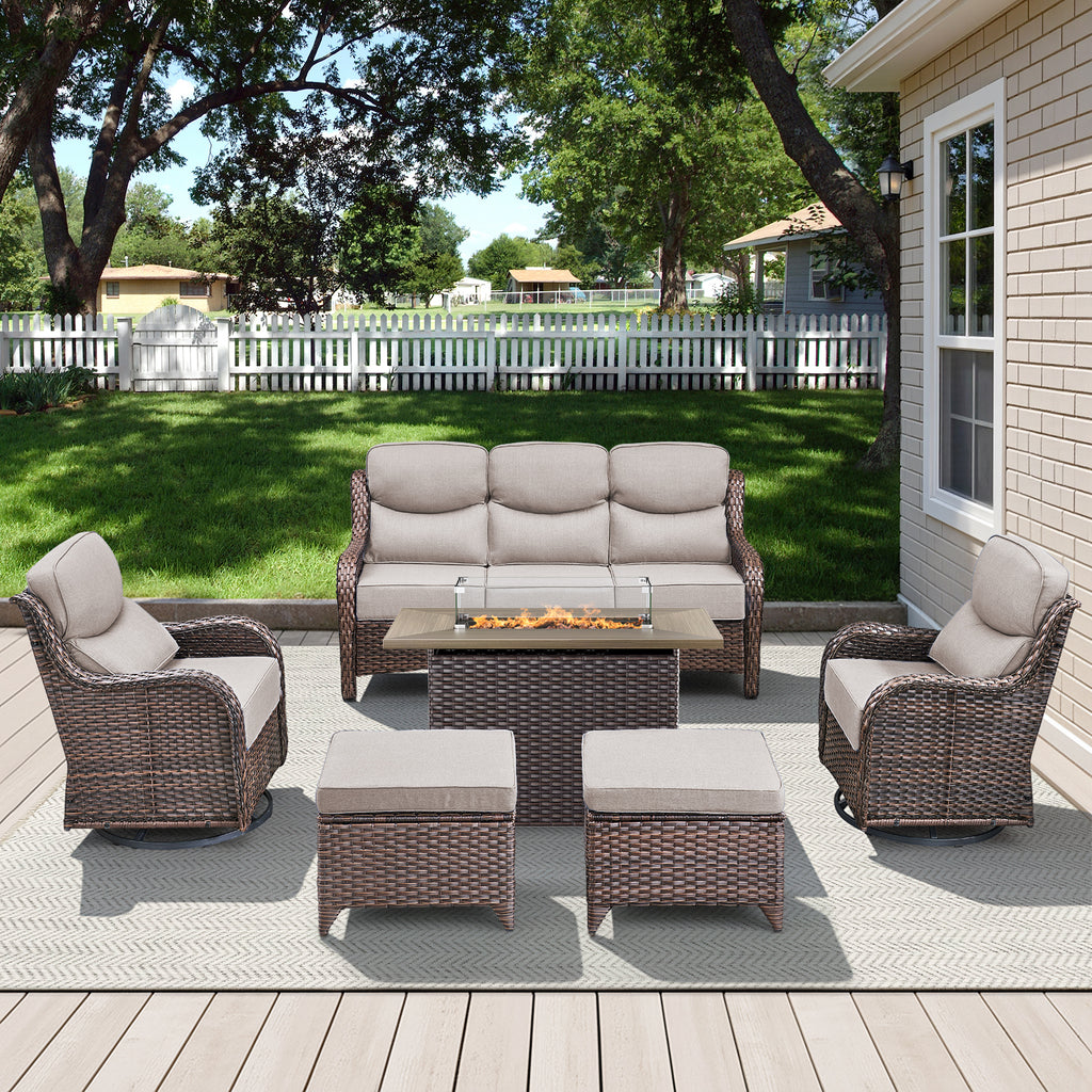 Pocassy All Weather Wicker Patio Furniture Set 7 Pieces, 6-INCH Extra Thick Cushion Outdoor Patio Firepit Set with Patio Sofa, Swivel Glider Chair, Ottoman, 41" Fire Pit Table