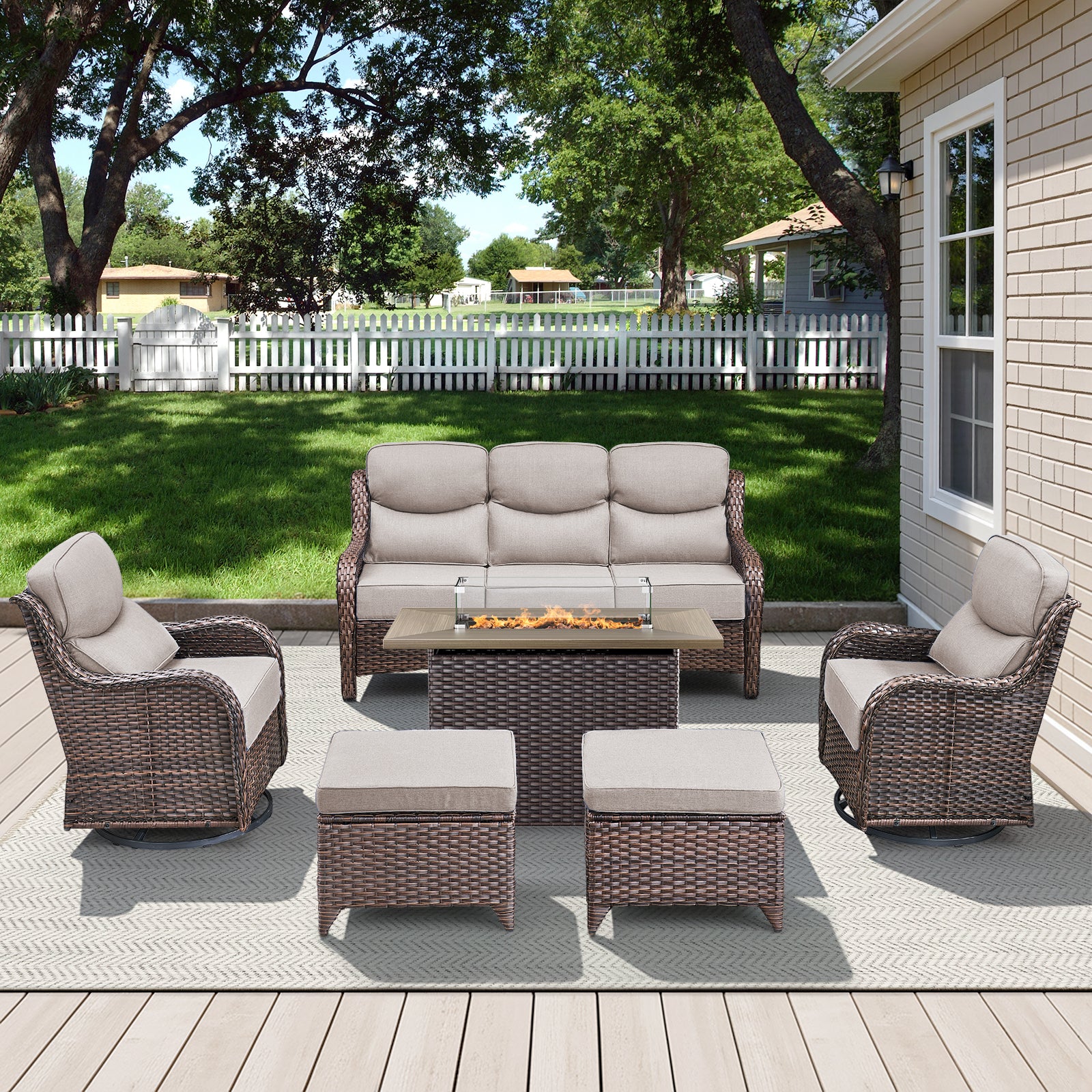 POCASSY All Weather Wicker Patio Furniture Set 6 Pieces, 6-INCH Extra Thick Cushion Outdoor Patio Firepit Set with Patio Sofa, Swivel Glider Chair, Ottoman, 41" Fire Pit Table