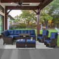 POCASSY 7PCS Outdoor Furniture Set with 30" Propane Fire Pit Table, Outdoor Conversation Set with All Weather Brown Wicker Sectional Sofa and Swivel Chair for Balcony, Porch, Garden