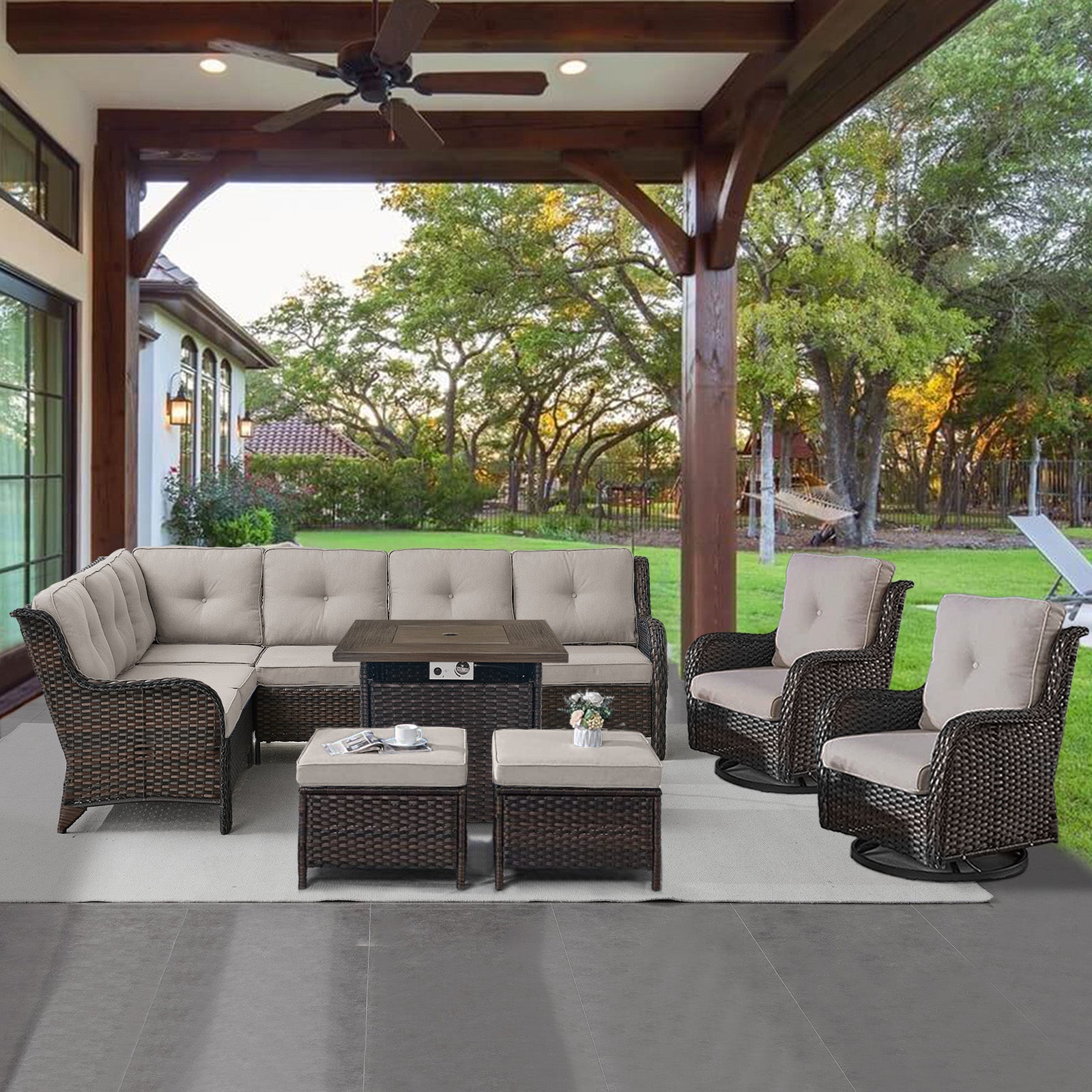 POCASSY 7PCS Outdoor Furniture Set with 30" Propane Fire Pit Table, Outdoor Conversation Set with All Weather Brown Wicker Sectional Sofa and Swivel Chair for Balcony, Porch, Garden