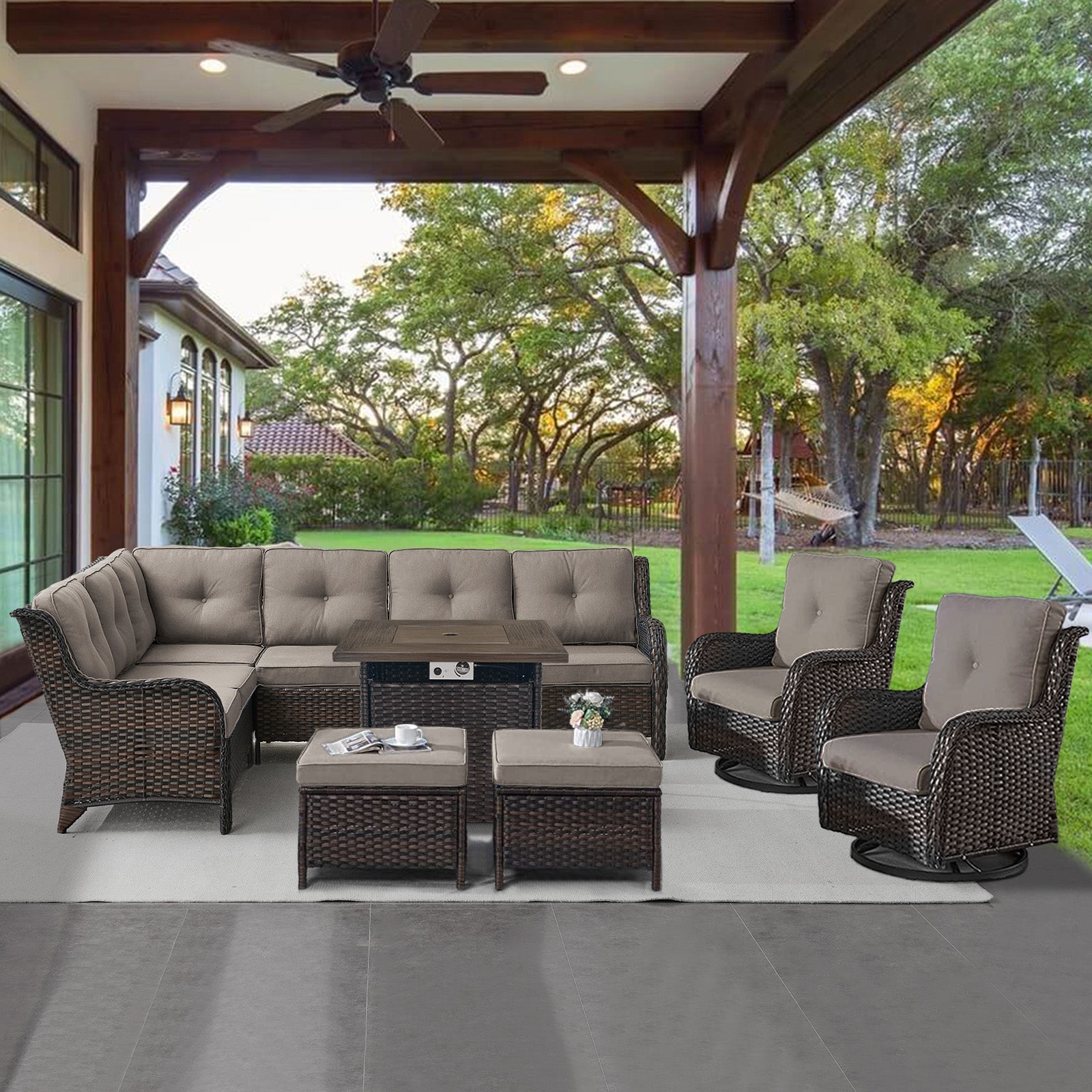 POCASSY 7PCS Outdoor Furniture Set with 30" Propane Fire Pit Table, Outdoor Conversation Set with All Weather Brown Wicker Sectional Sofa and Swivel Chair for Balcony, Porch, Garden