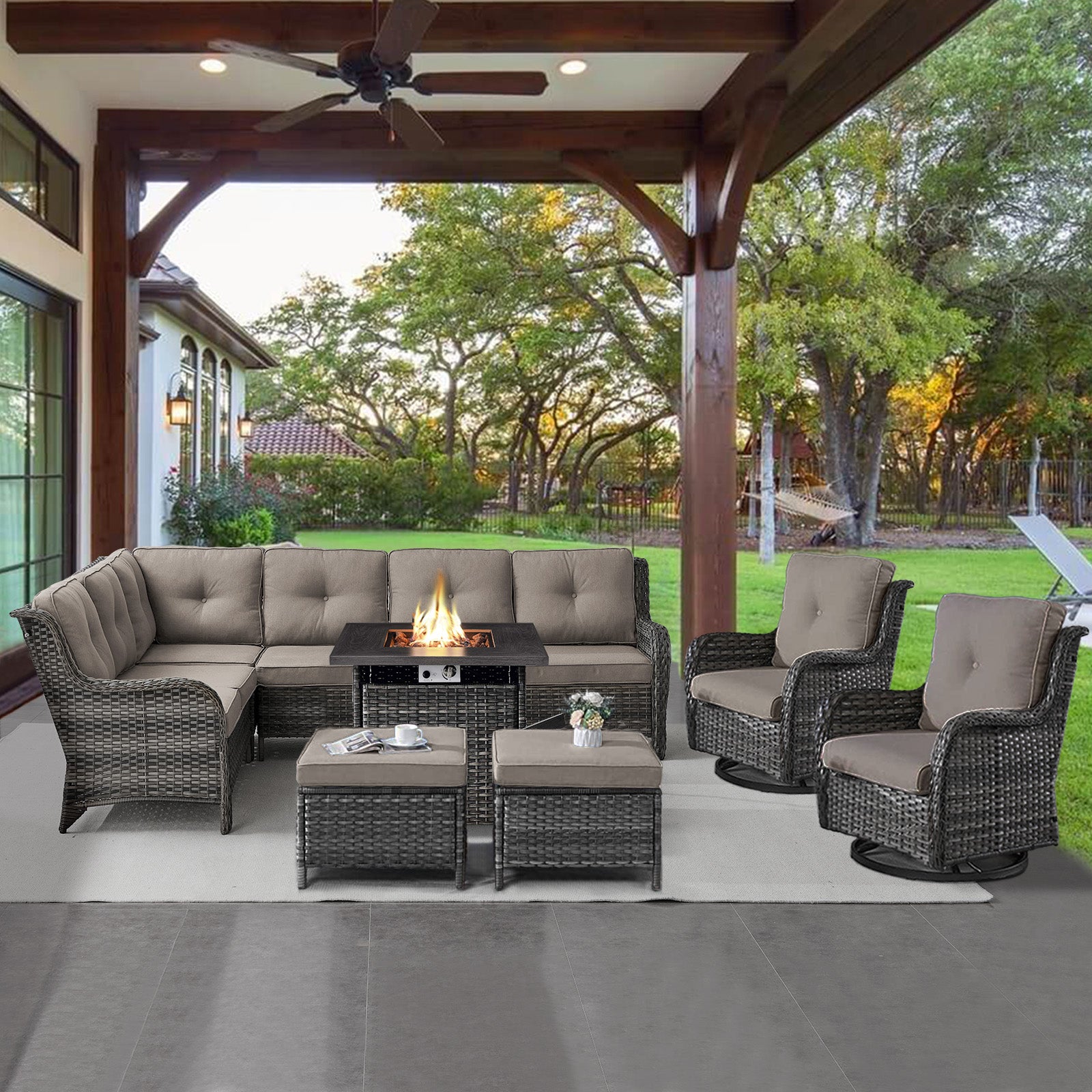 POCASSY 7PCS Outdoor Furniture Set with 30" Propane Fire Pit Table, Outdoor Conversation Set with All Weather Brown Wicker Sectional Sofa and Swivel Chair for Balcony, Porch, Garden